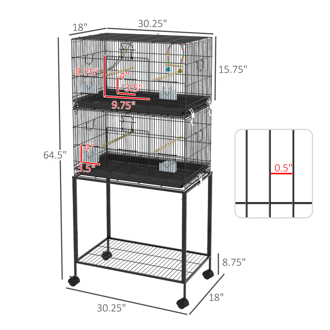 Pawhut Double Stackable Bird Cage With Stand, Wooden Swing, Rope Ladder & Wheels For Canaries, Lovebirds Finches, Budgie Cage With Storage Shelf, Removable Tray, Wooden Perches & Food Containers Black Steel