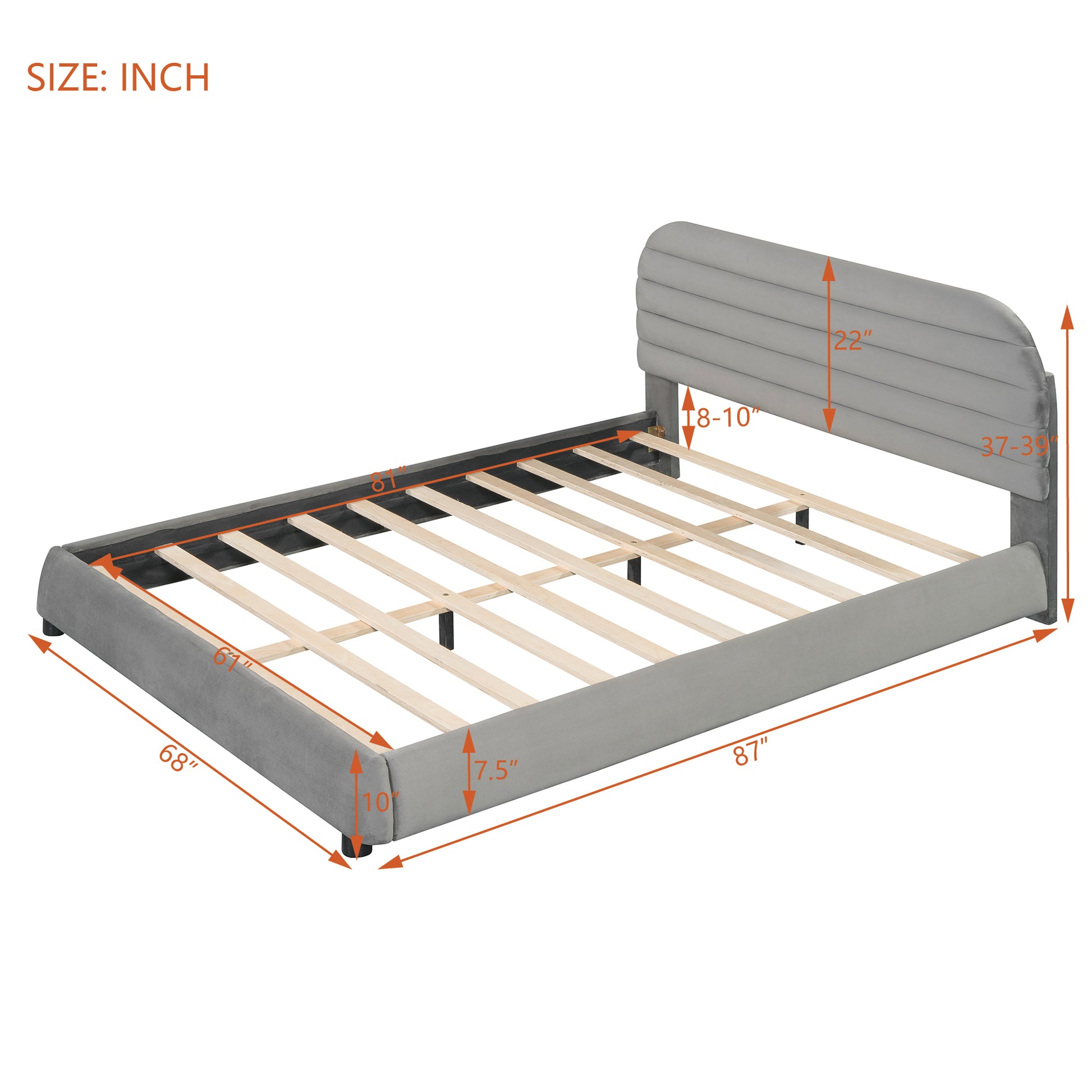 Queen Size Velvet Upholstered Platform Bed,Solid Frame And Stylish Curve Shaped Design, Gray Queen Gray Velvet