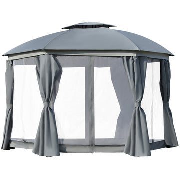 Outsunny 12' X 12' Round Outdoor Gazebo, Patio Dome Gazebo Canopy Shelter With Double Roof, Netting Sidewalls And Curtains, Zippered Doors, Strong Steel Frame, Grey Gray Steel