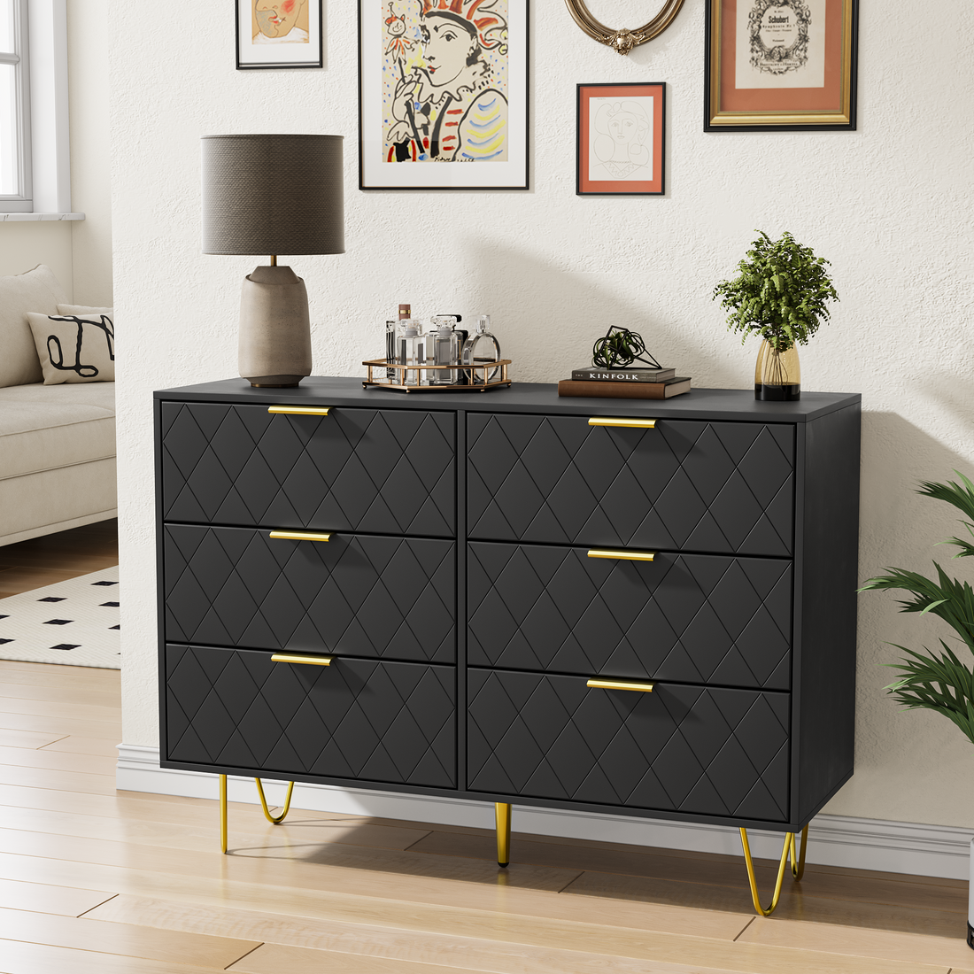 Modern Black 6 Drawers For Bedroom, Small Size Modern 6 Drawer Dresser, Wide Chest Of Drawers With Gold Handles, Wood Double Dresser Storage Cabinet For Living Room, Bedroom, Hallway Black Bedroom Mdf