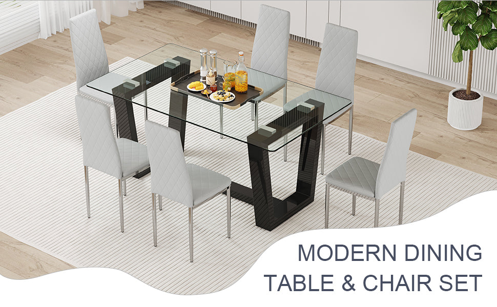 Table And Chair Set.A Rectangular Dining Table Features With Tempered Glass Top And Sleek Black Mdf Stand.Paried With 6 Pu Chairs With Checkered Armless High Back And Electroplated Metal Legs. Light Gray,Transparent Seats 6 Mdf Glass