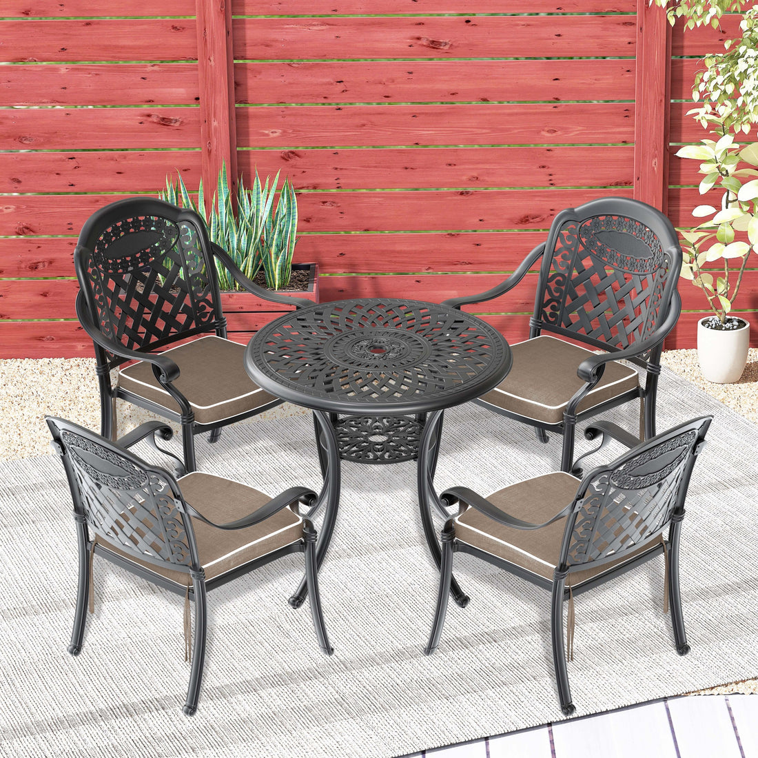 Cushions In Random Colors 5 Piece Set Of Cast Aluminum Patio Furniture With Cushions Yes Dining Set Black Seats 4 Rust Resistant Frame Water Resistant Cushion Garden & Outdoor Complete Patio Sets Aluminium