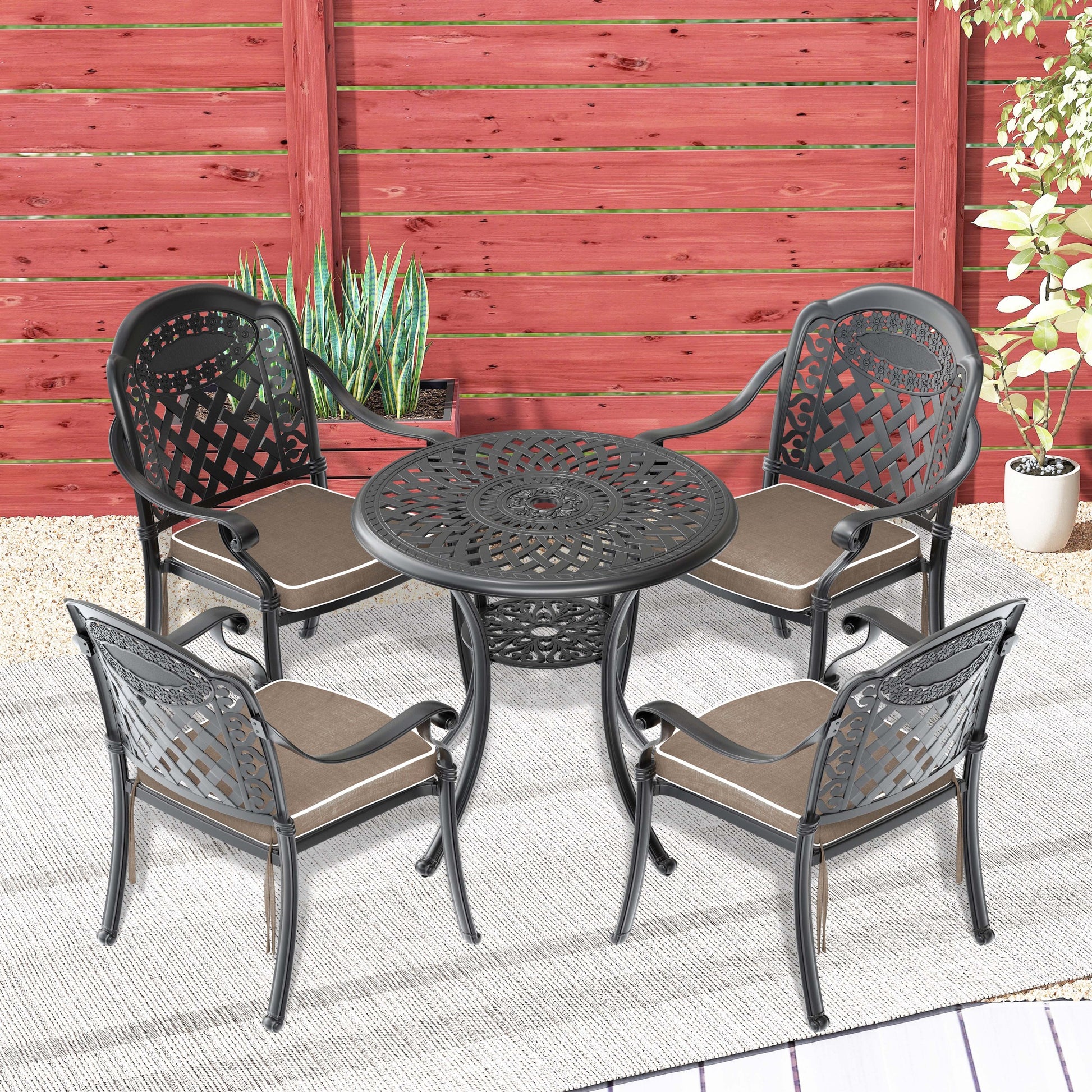 Cushions In Random Colors 5 Piece Set Of Cast Aluminum Patio Furniture With Cushions Yes Dining Set Black Seats 4 Rust Resistant Frame Water Resistant Cushion Garden & Outdoor Complete Patio Sets Aluminium