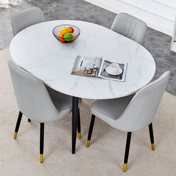 Table And Chair Set.Modern Extendable Mdf Dining Table.The Table Has A Telescopic Design, Suitable For Gatherings Of Different Size.Paired With 4 Light Gray Chairs With Pu Cushions And Metal Legs. Light Gray,White Seats 4 Mdf Metal