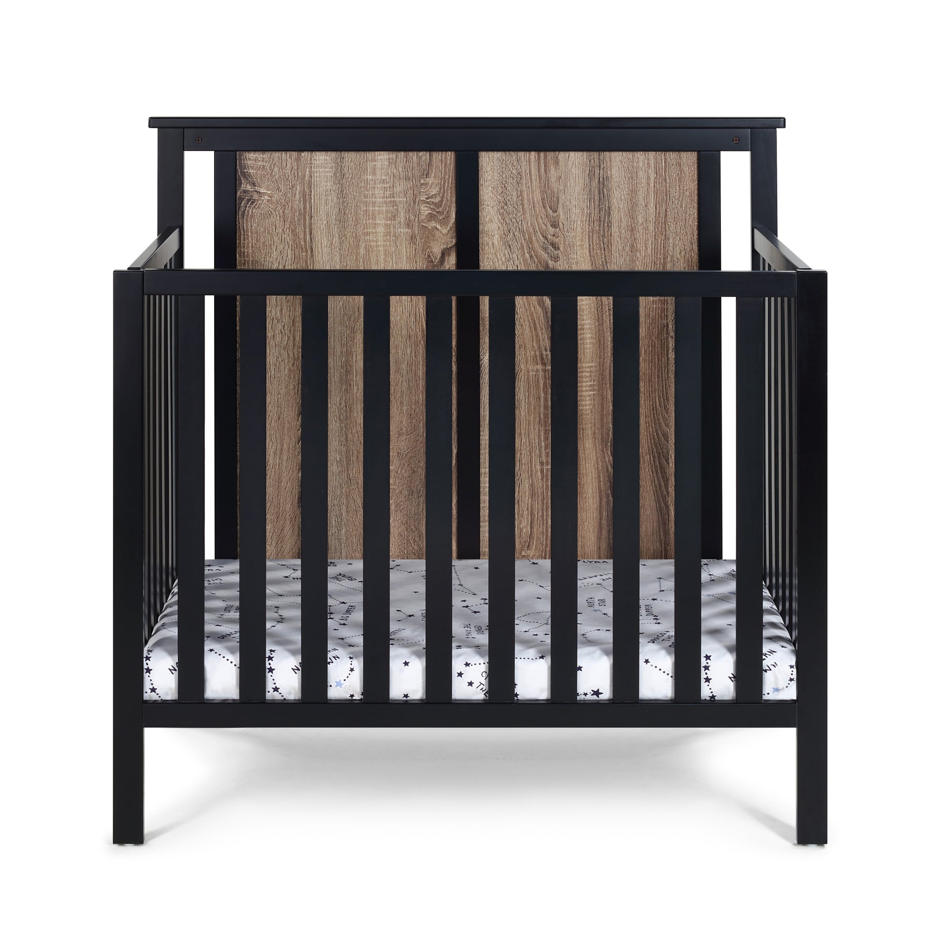 Connelly Mini Crib With Mattress Pad Black Vintage Walnut Black Brown Wood