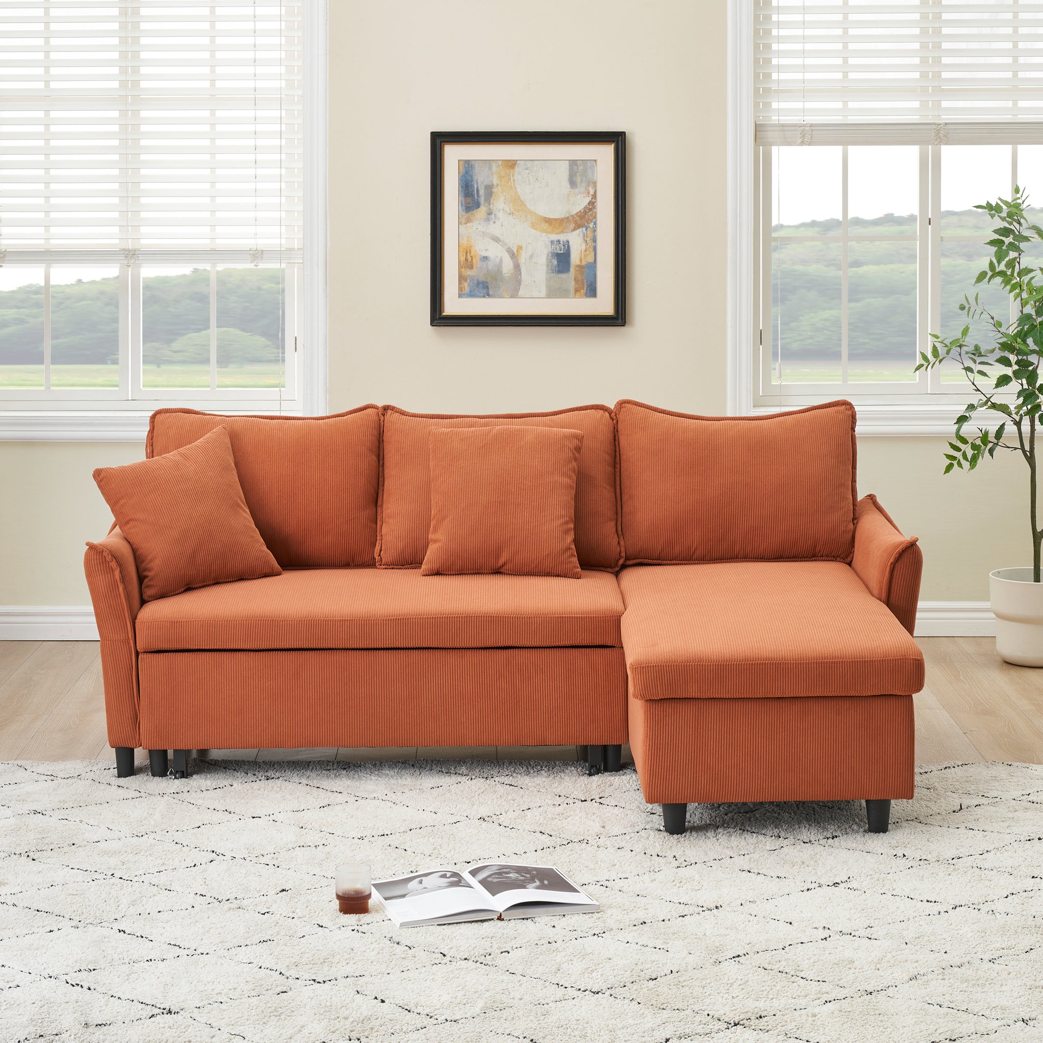 This 80 Inch Orange Corduroy L Shaped Sofa Comes With Two Small Throw Pillows That Can Be Converted Into A Sofa Bed For Storage Orange Corduroy 3 Seat