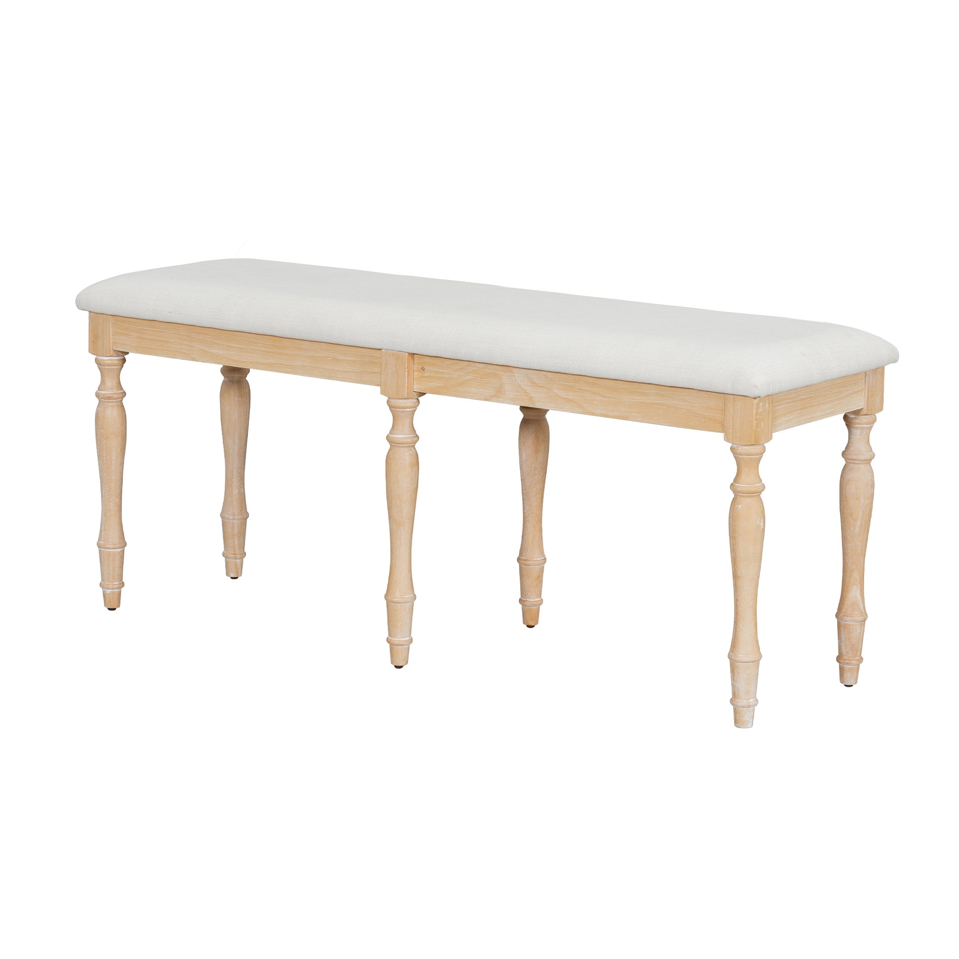 Vintage Traditional 50.4Inch Upholstered Dining Bench With 6 Solid Wood Legs, Natural Natural Dining Room Traditional Rubberwood Foam Rubber Wood