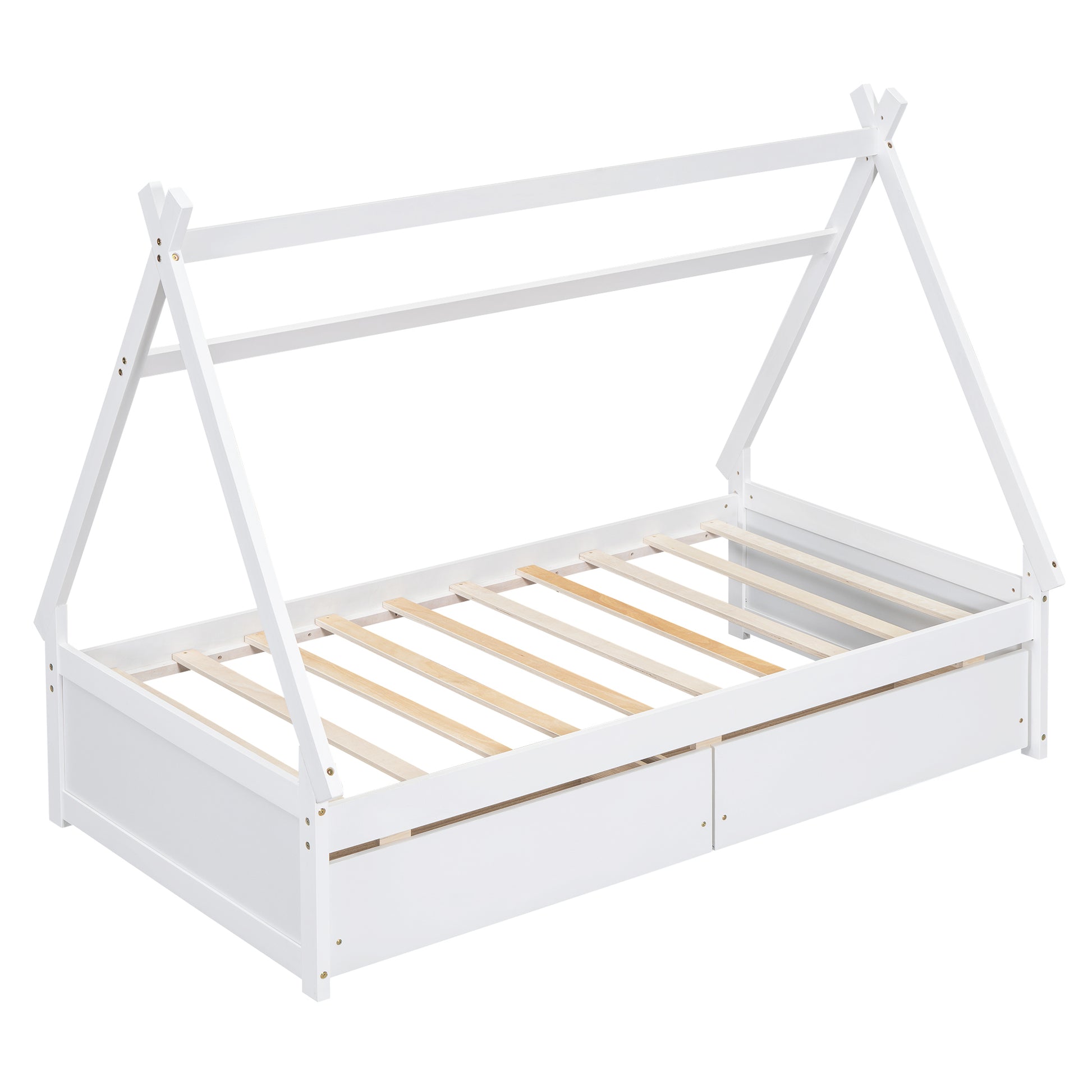 Twin Size House Platform Bed With Two Drawers,Headboard And Footboard, White Twin White Pine