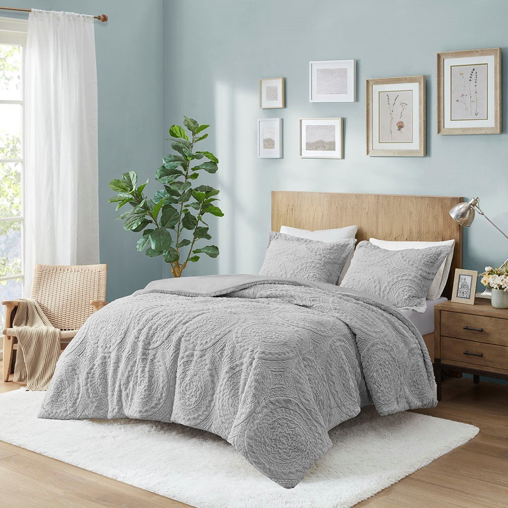 Embroidered Medallion Faux Fur Ultra Plush Comforter Mini Set Twin Grey Polyester