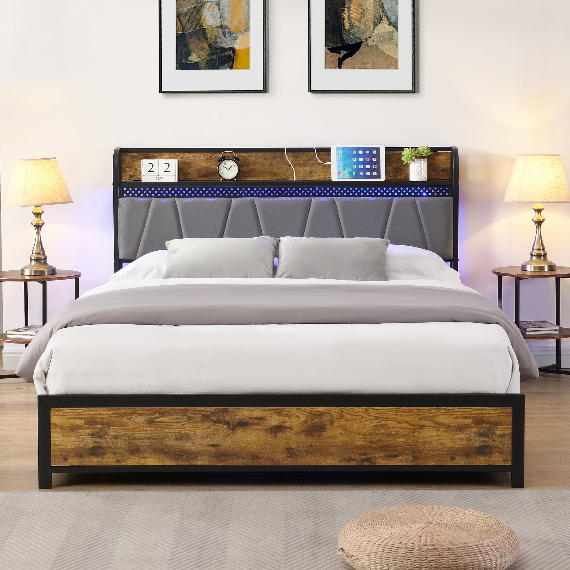 Full Size Bed Frame, Storage Headboard With Charging Station And 4 Storage Drawers,Led Lightsbrown And And Gray Full Black Brown Grey Mdf Metal