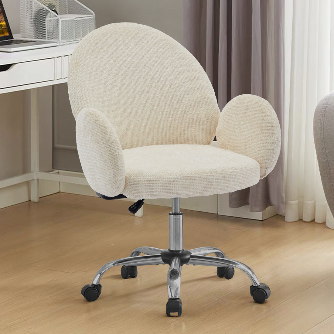 Ytt Rotating Office Chair With High Backrest Armrest, Wide Seat Round Armrest Office Chair With Wheels, Suitable For Living Room, Bedroom, Lounge, Home Office Beige Linen