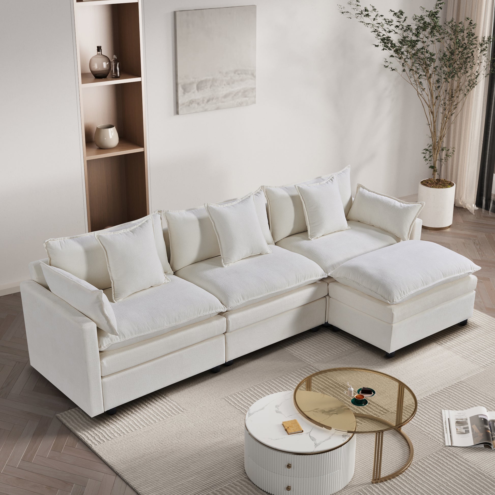 108.66"Modern Chenille L Shaped Sectional Sofa With Convertible Chaise, Comfy Cloud Couch Deep Sectional Sofa With Ottomans For Living Room White Wood Foam Chenille 3 Seat