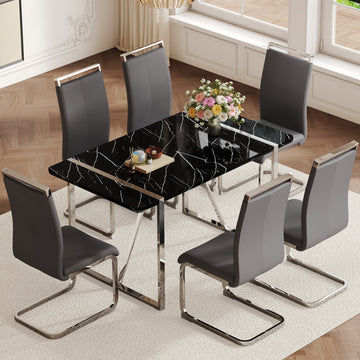 Table And Chair Set.A Rustic Industrial Rectangular Mdf Black Dining Table With Mdf Desktop And Electroplated Silver Metal Legs.Paried With 6 Chairs With Pu Cushion And Metal Legs. Black,Dark Gray,Silver Seats 6 Mdf Metal