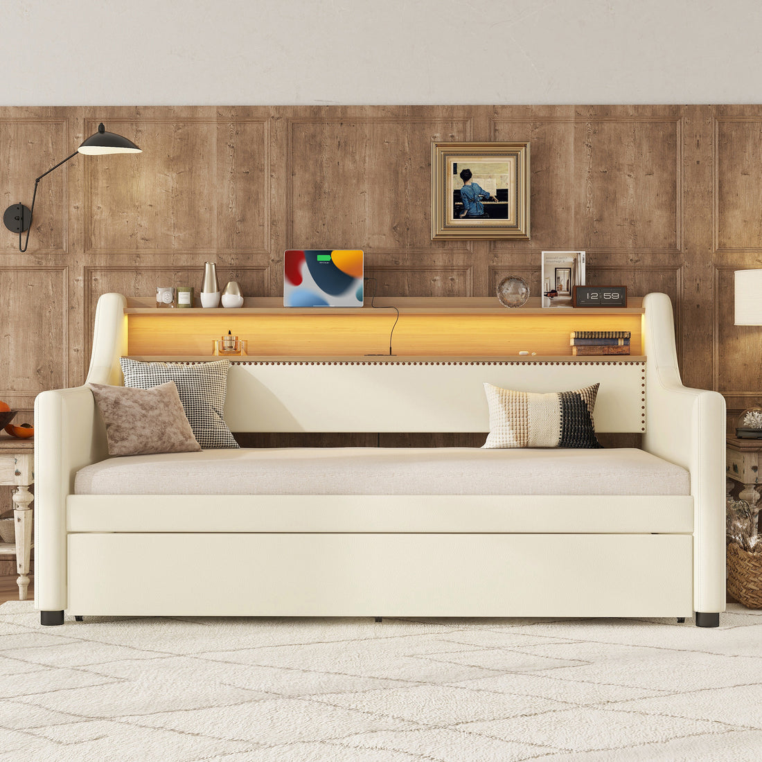 Twin Size Daybed With Trundle, Upholstered Daybed With Charging Station And Led Lights, White Expect Arrive Date:May 20Th. Twin White Pu Leather