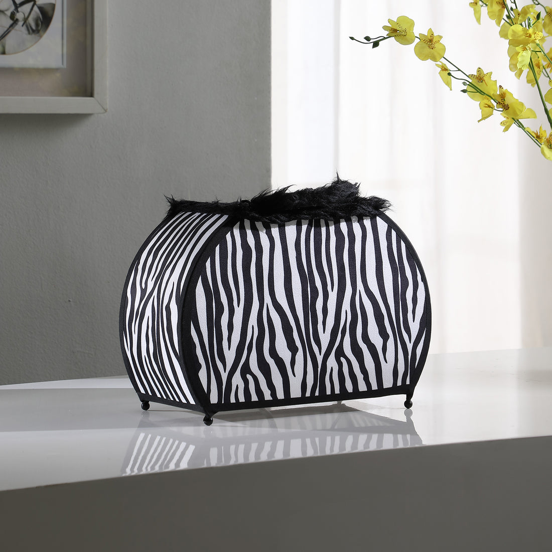 11.75" In Zebra Animal Print Purse W Black Faux Handle Table Lamp Black White Fabric Metal