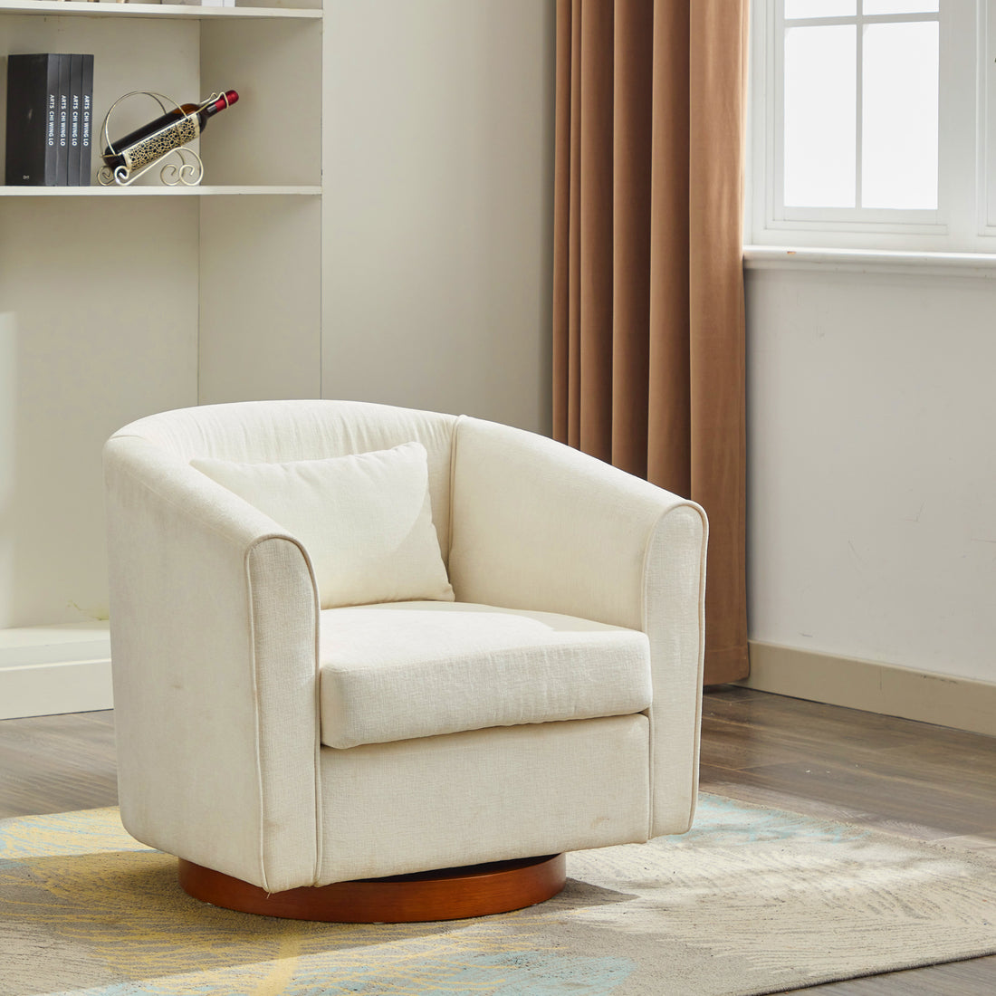 Swivel Accent Chair For Living Room, Sofa Chairs With Wood Base Side, Comfy Swivel Accent Chair With Wide Upholstered, For Living Room White Foam Chenille