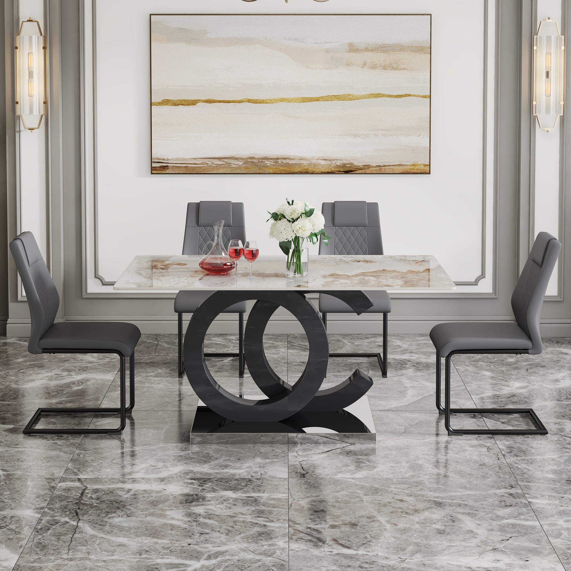 Table And Chair Set.63"X31.5" Marble Pattern Sintered Stone Table With Mdf Oc Shaped Bracket.Paired With 4 Dark Gray Pu Chairs With Black Metal Legs.Suitable For Kitchen,Dining Room,Etc. Black,Dark