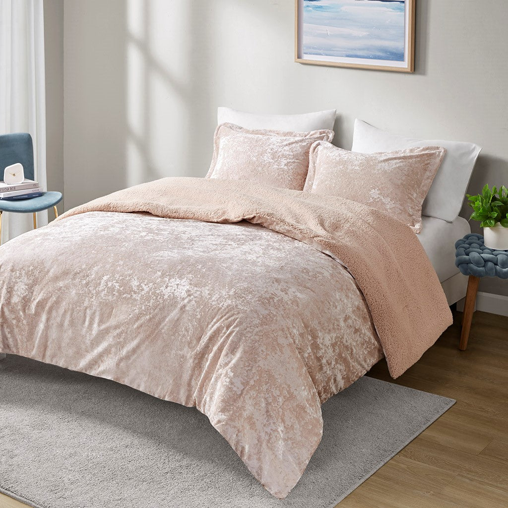 Crushed Velvet Sherpa Reversible Comforter Set Queen Pink Polyester