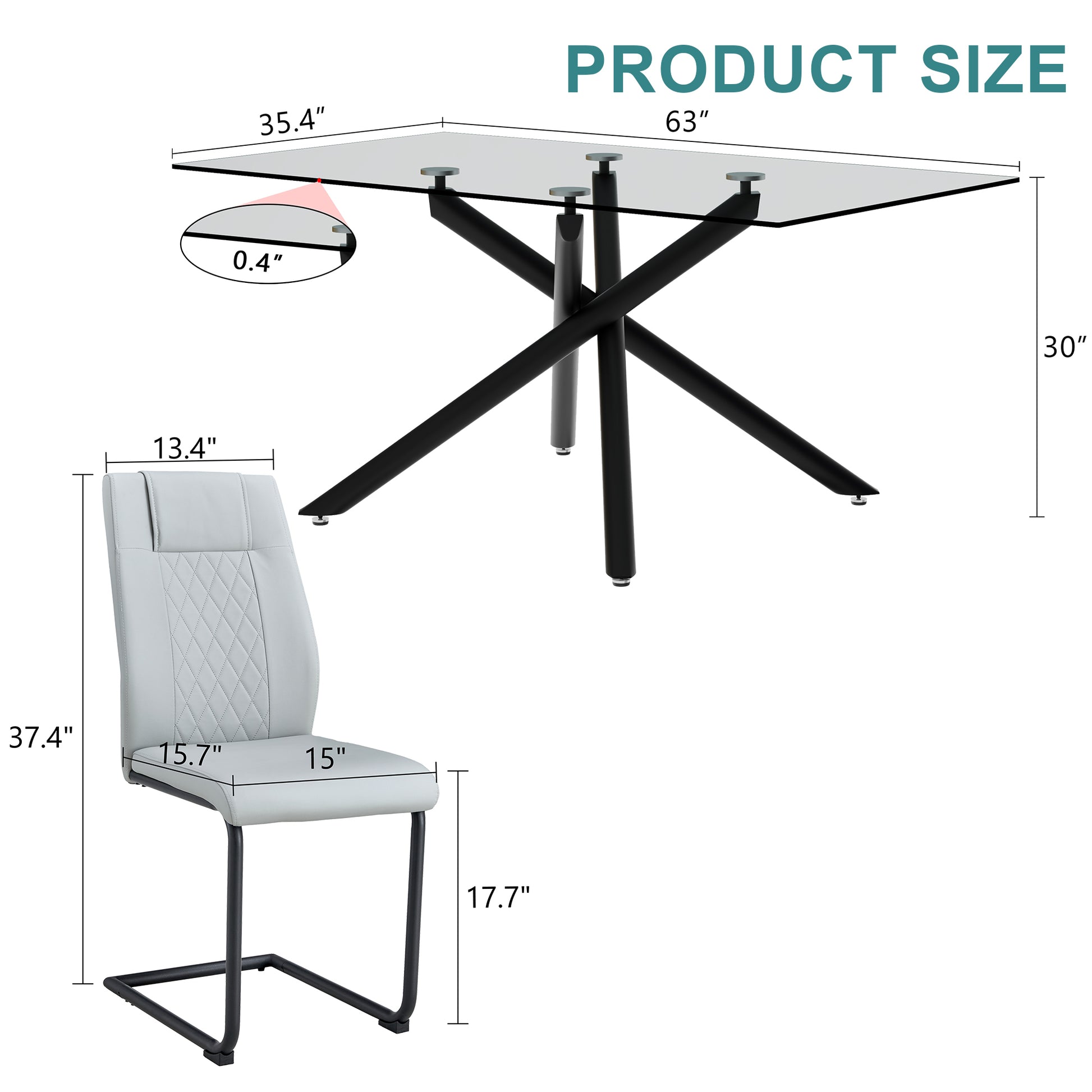 Table And Chair Set.Modern Rectangular Glass Dining Table With 0.39" Tempered Glass Tabletop And Black Metal Legs.Paired With Multiple Chairs Designed With Pu Cushions And Black Metal Legs. Black Grey Seats 4 Tempered Glass