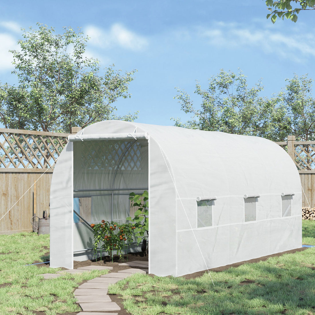 Outsunny 15' X 7' X 7' Walk In Tunnel Greenhouse, Large Garden Hot House Kit With 6 Roll Up Windows & Roll Up Door, Steel Frame, White White Steel