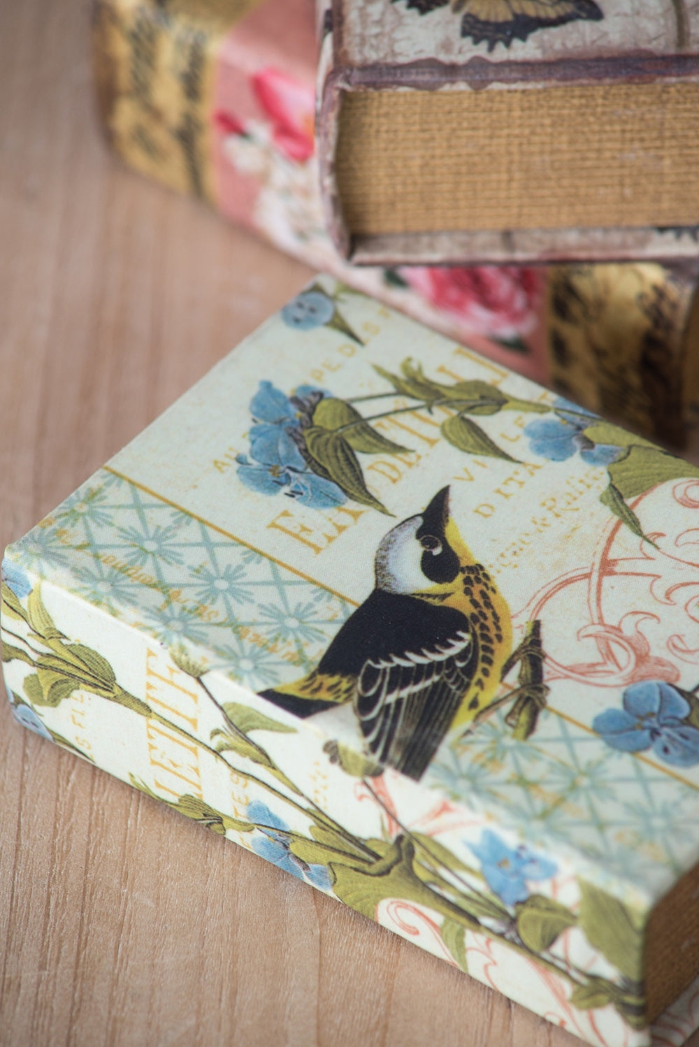 Set Of 4 Book Boxes With Birds, Flowers, And Handwriting Design, 5.5X4X2" Multi Mdf