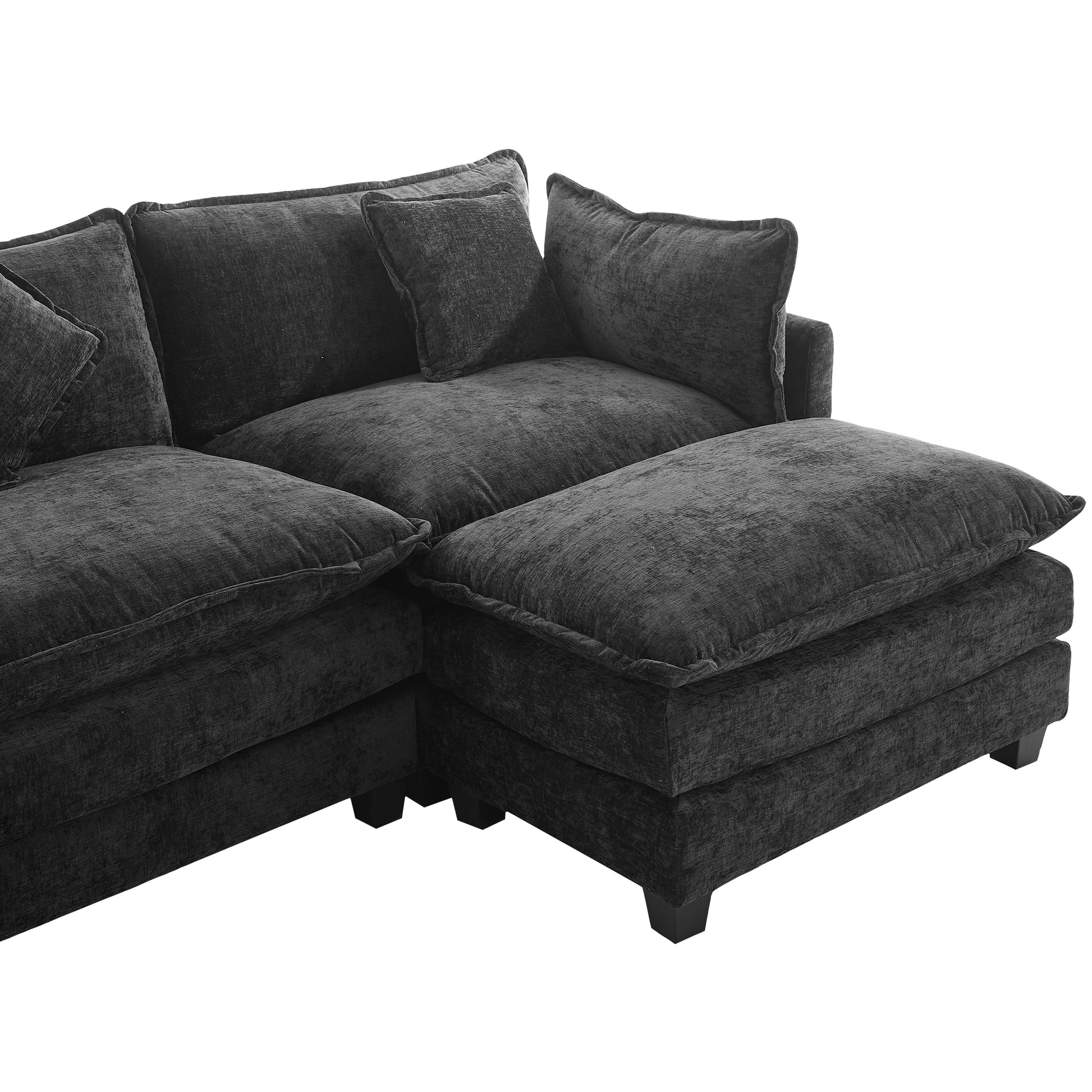 112.2" L Shape Chenille Upholstered Sofa For Living Room Modern Luxury Sofa Couch With Ottoman And 5 Pillows For Living Room Sg001160Aa , Black Black Foam 4 Seat