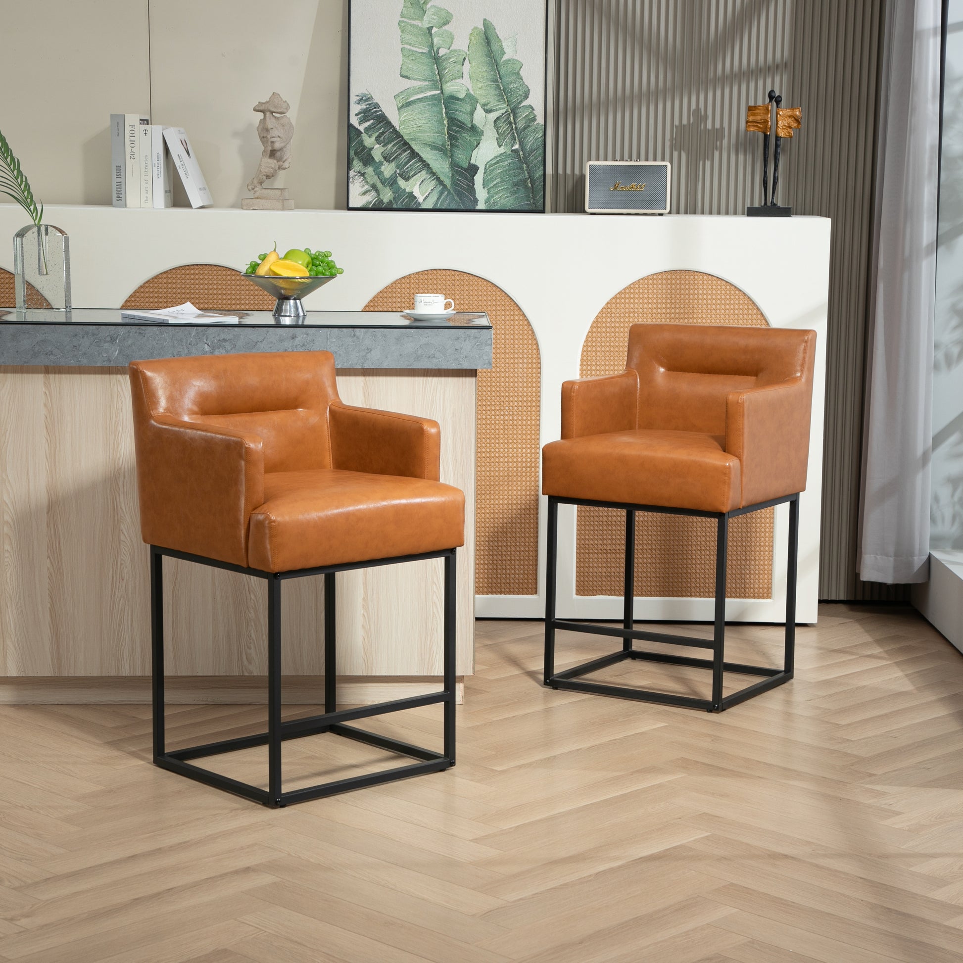 Coolmore Counter Height Bar Stools Set Of 2, Modern Barrel Bar Stool With Backrest And Arms, Black Metal Frames, Upholstered Bar Stools For Kitchen Island, Pub, Club Light Brown Foam Pu Leather