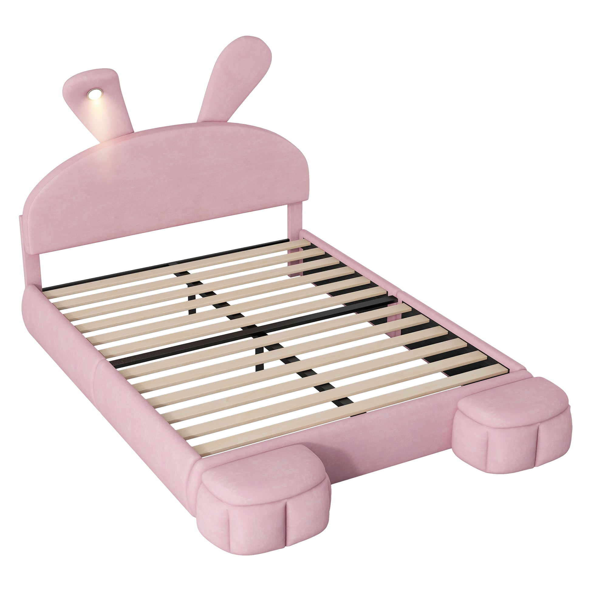 Full Size Upholstered Platform Bed With Cartoon Ears Shaped Headboard And Light, Pink Box Spring Not Required Full Pink Wood Bedroom Bed Frame Velvet Upholstered