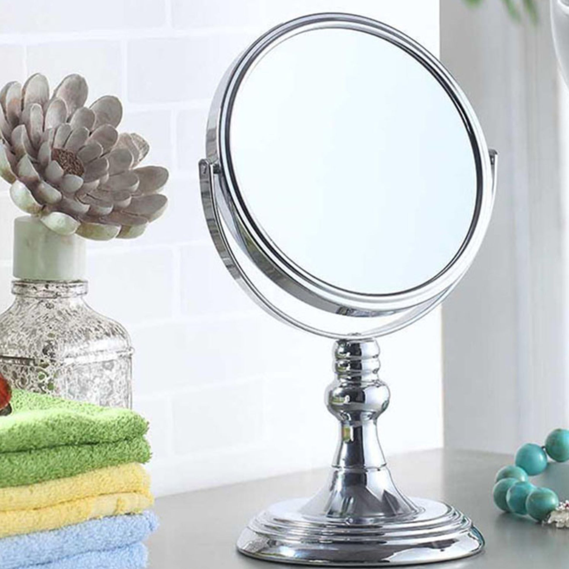 6.5" Diameter Chrome Make Up Mirror, X7 Magnification, Silver Finish Silver Metal