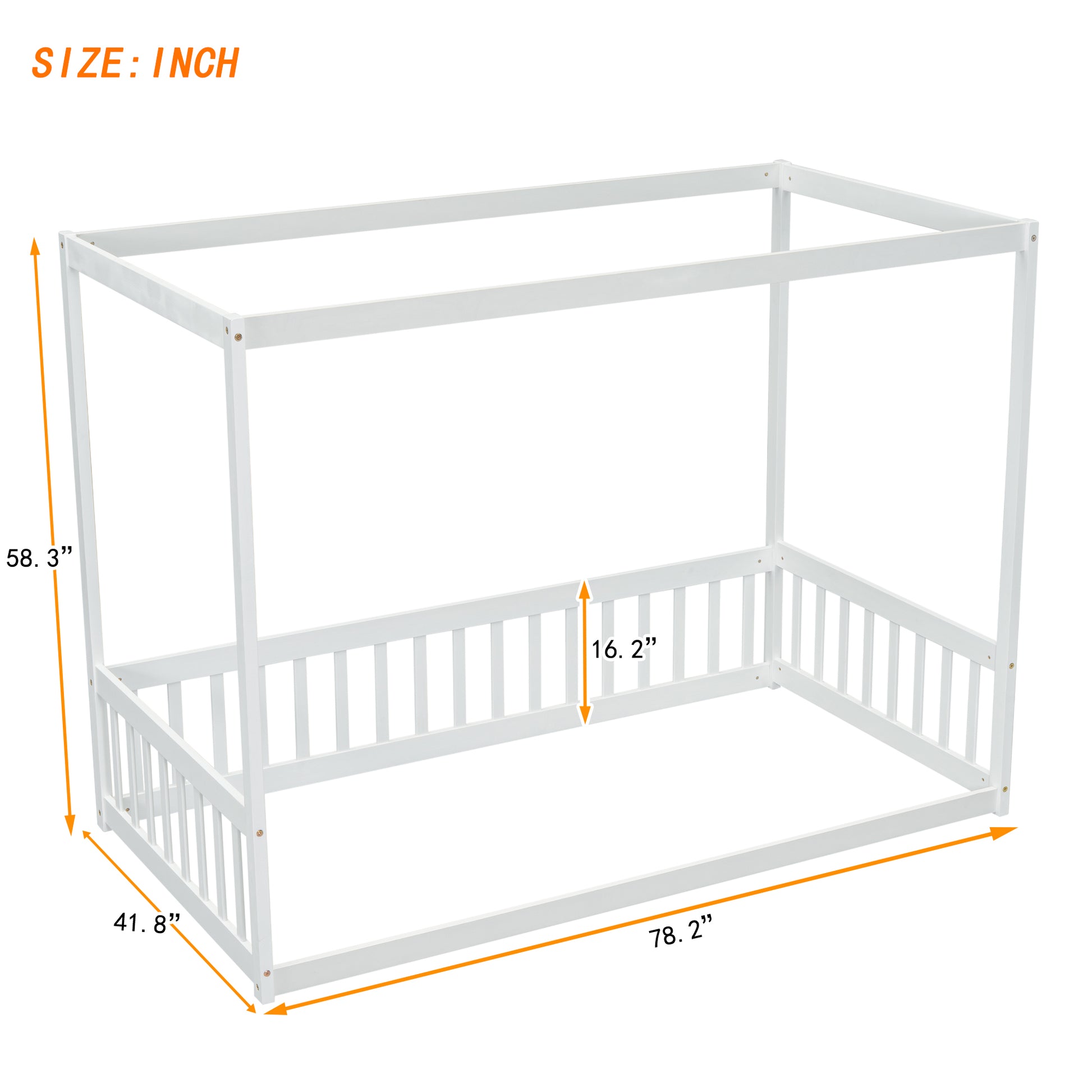 Twin Size Canopy Frame Floor Bed With Fence, Guardrails,White Twin White American Design Pine