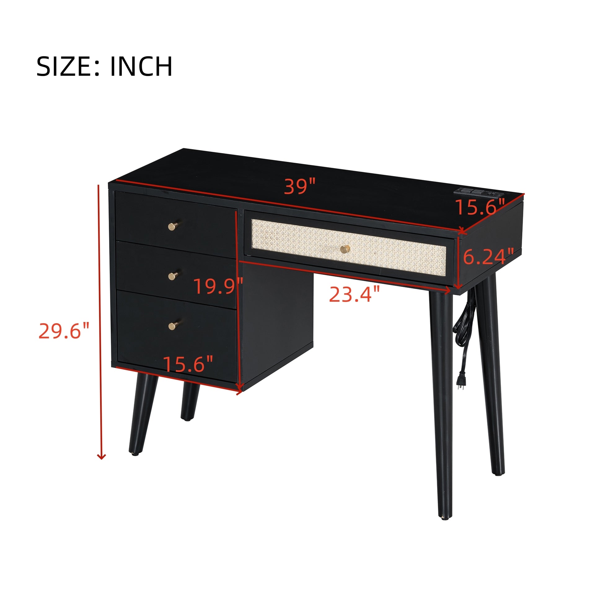 39" Retro Bohemian Style Wooden Makeup Vanity Set With Charging Plug&Usb Port And Stool, Dressing Table With 3 Storage Drawers And 1 Rectangular Rattan Drawer, Black Expected Arrival Time: 08.23 Black 4 Drawers Wood