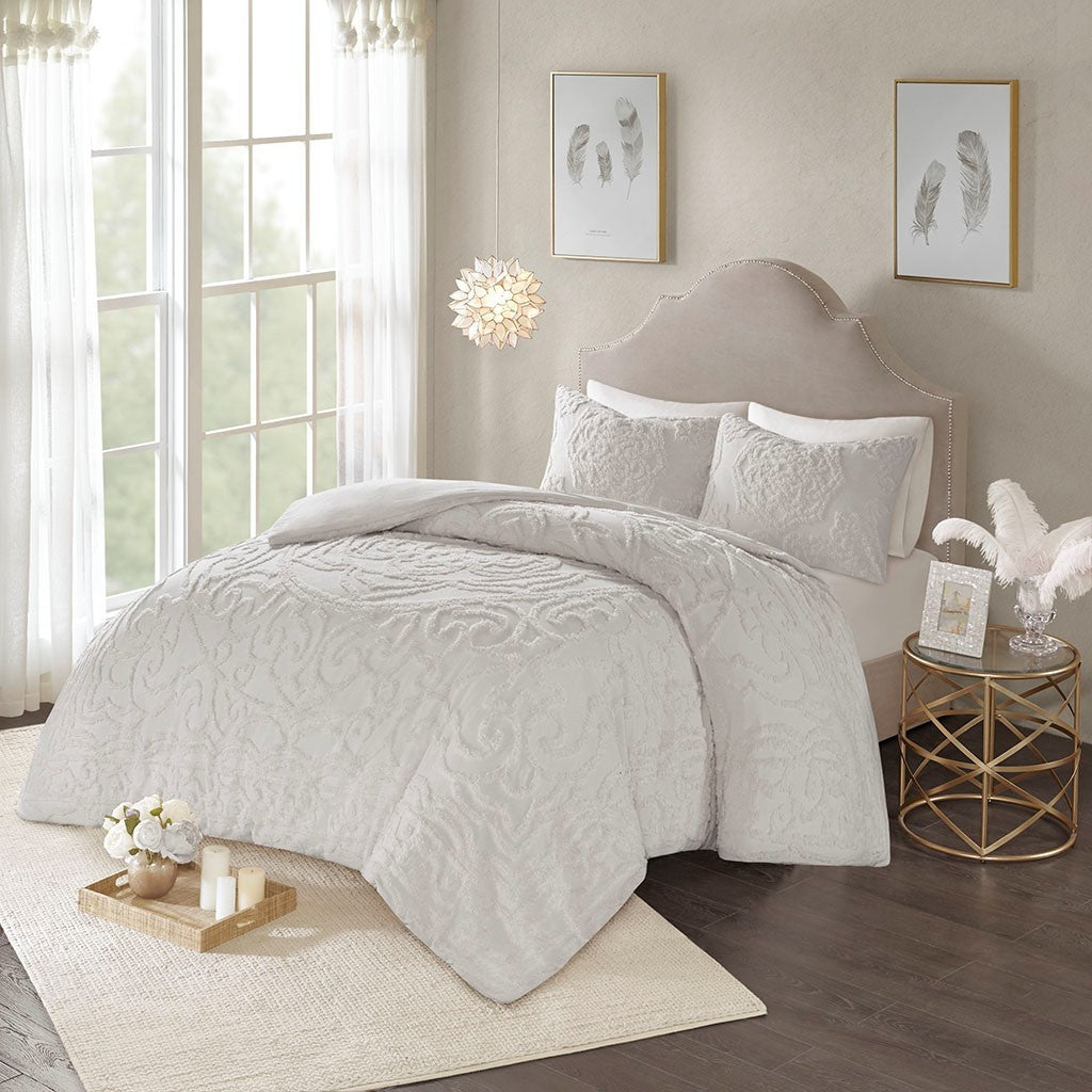 3 Piece Tufted Cotton Chenille Medallion Duvet Cover Set King Light Gray Cotton