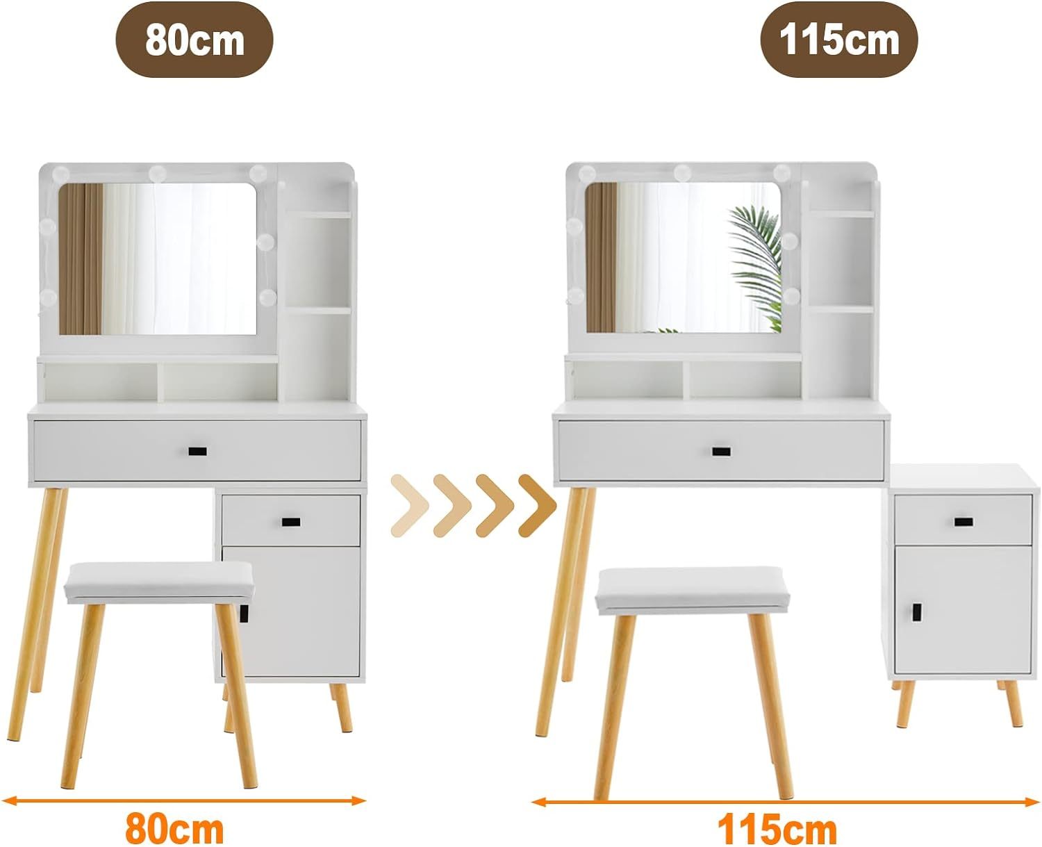 Dressing Table With Hollywood Led Mirror, Light Adjustable Brightness, Dressing Table, Padded Stool Set, White, Wooden Cosmetic Table With Drawer And Storage Cabinet White Drawer 2 Drawers Bedroom Modern 2 Or Less Mirror Included White Particle Board Mdf