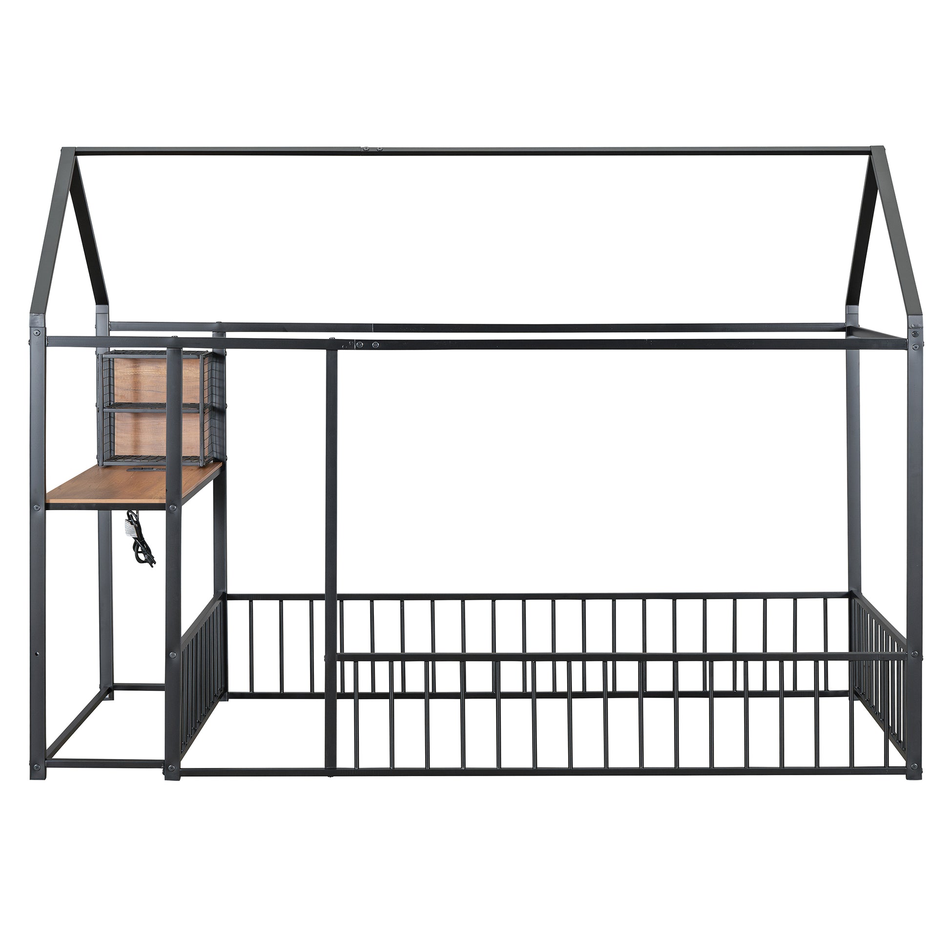 Twin Size Metal Bed House Bed Frame With Desk, Shelves, Power Outlets And Usb Ports, Black Twin Black Metal