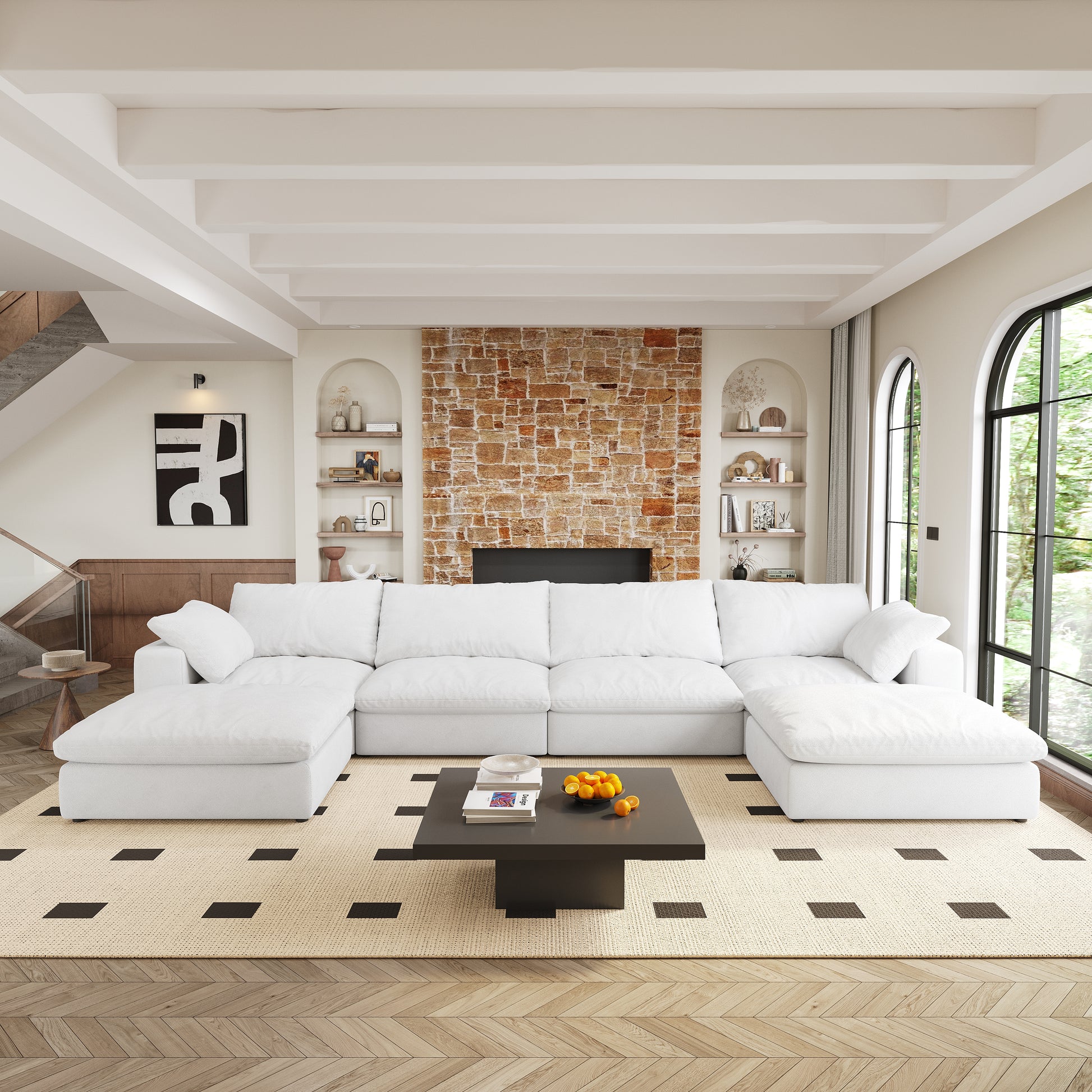 Cloud Modular Sectional Sofa With 2 Storage Ottomans,160.6" Down Filled Comfort U Shaped Sofa Couch For Living Room 4Seaters 2Ottoman White Down Filling,Fabric,Foam 6 Seat