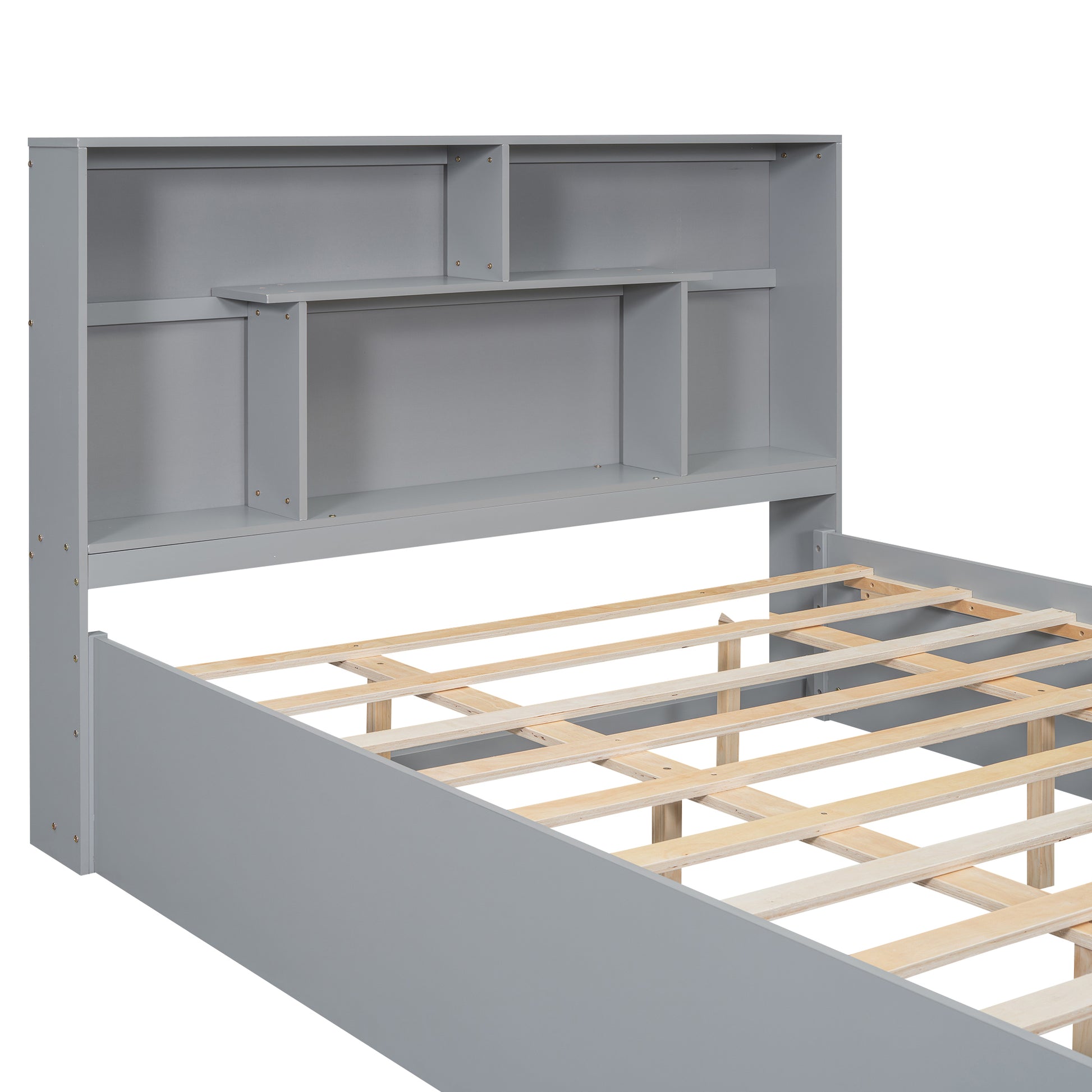 Queen Size Platform Bed With Storage Headboard And 2 Drawers, Gray Box Spring Not Required Queen Gray Wood Bedroom Bed Frame Solid Wood Mdf