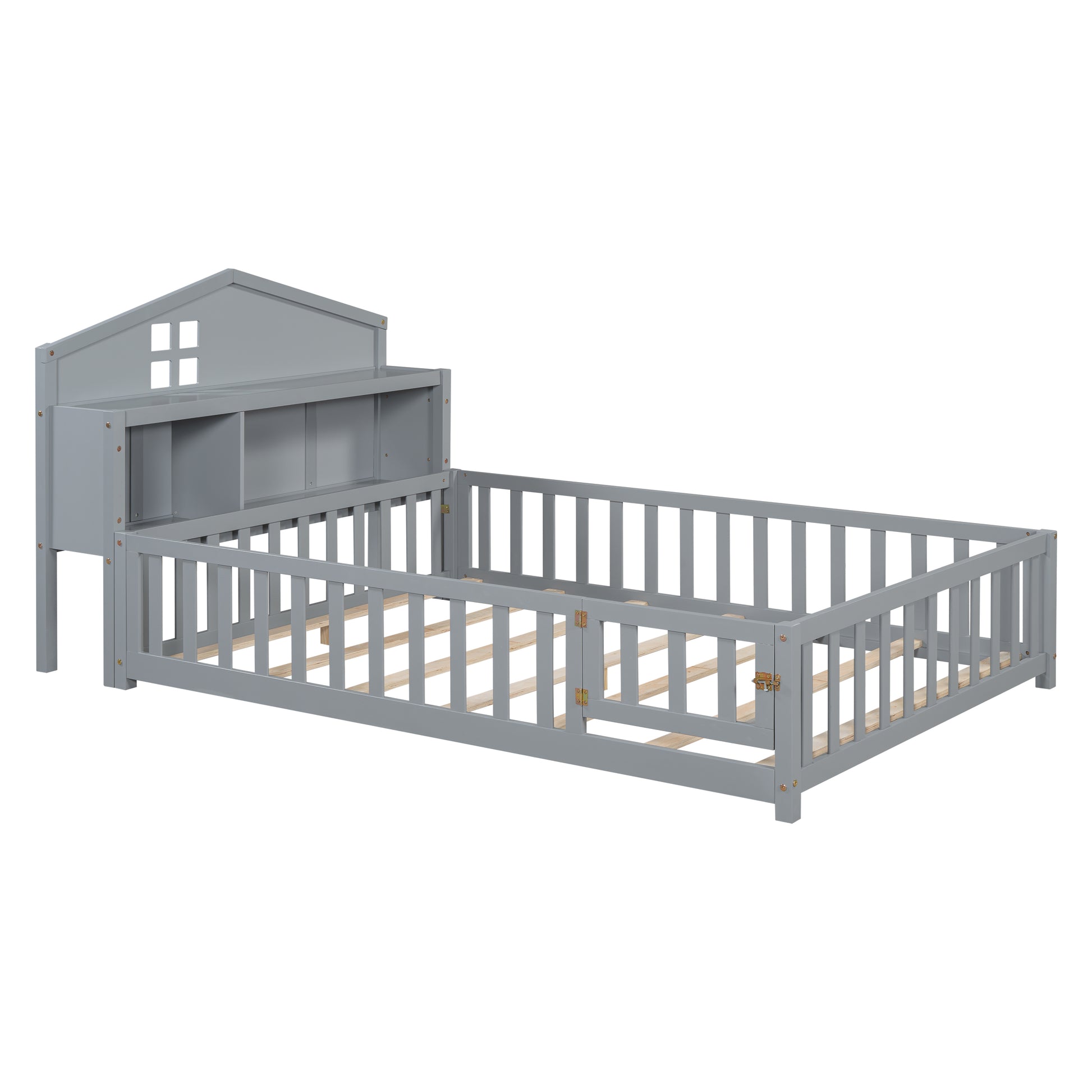 Full Size Floor Beds With Bookcases And Blackboards, Versatile Platform Beds With Guard Rails, Solid Wood Floor Beds With Storage Headboards, Floor Beds For Kids And Teens Grey Full Grey Plywood