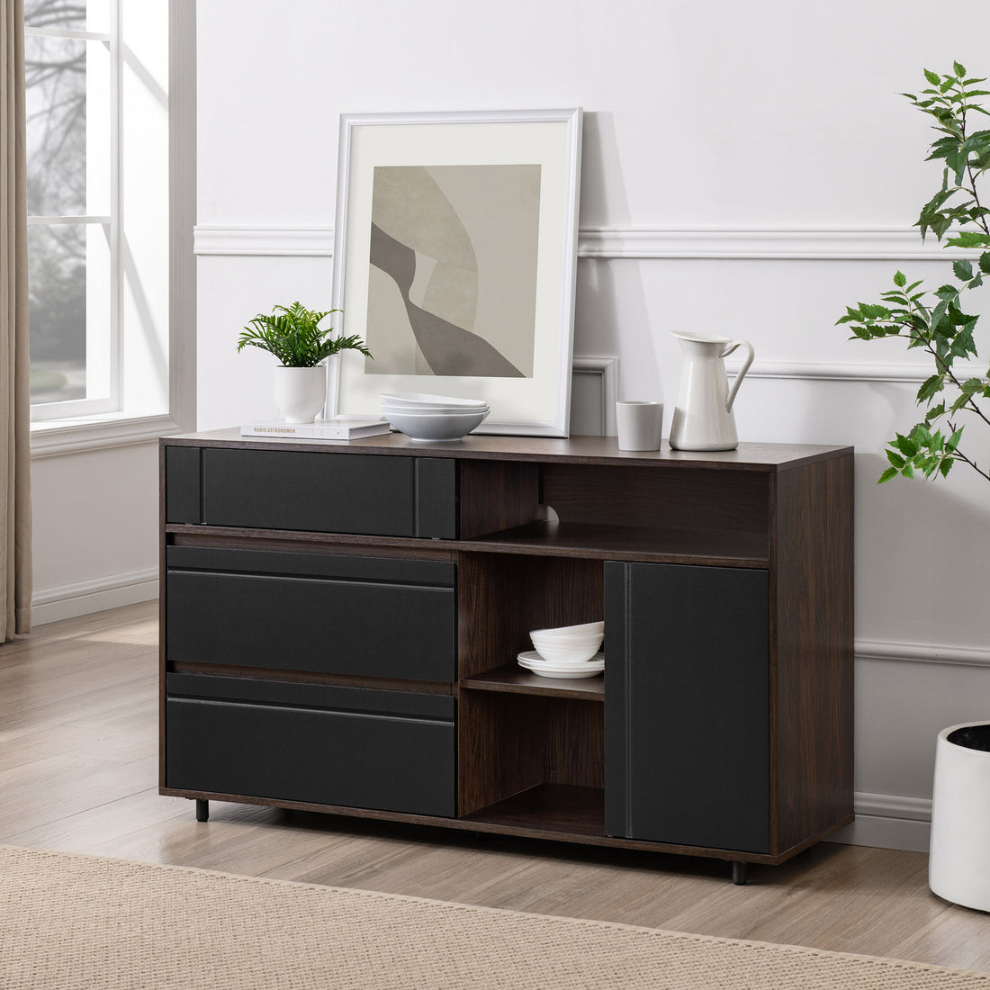 Contemporary Detailed Door Sideboard With Open Storage Dark Espresso Solid Black Espresso Mdf Mdf