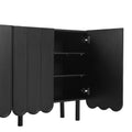 Cream Style Minimalist Shoe Cabinet With 5 Solid Wood Legs, Sideboard Buffet Cabinet With Adjustable Shelves, Large Storage Cabinet With Wave Doors For Living Room, Black Black Mdf