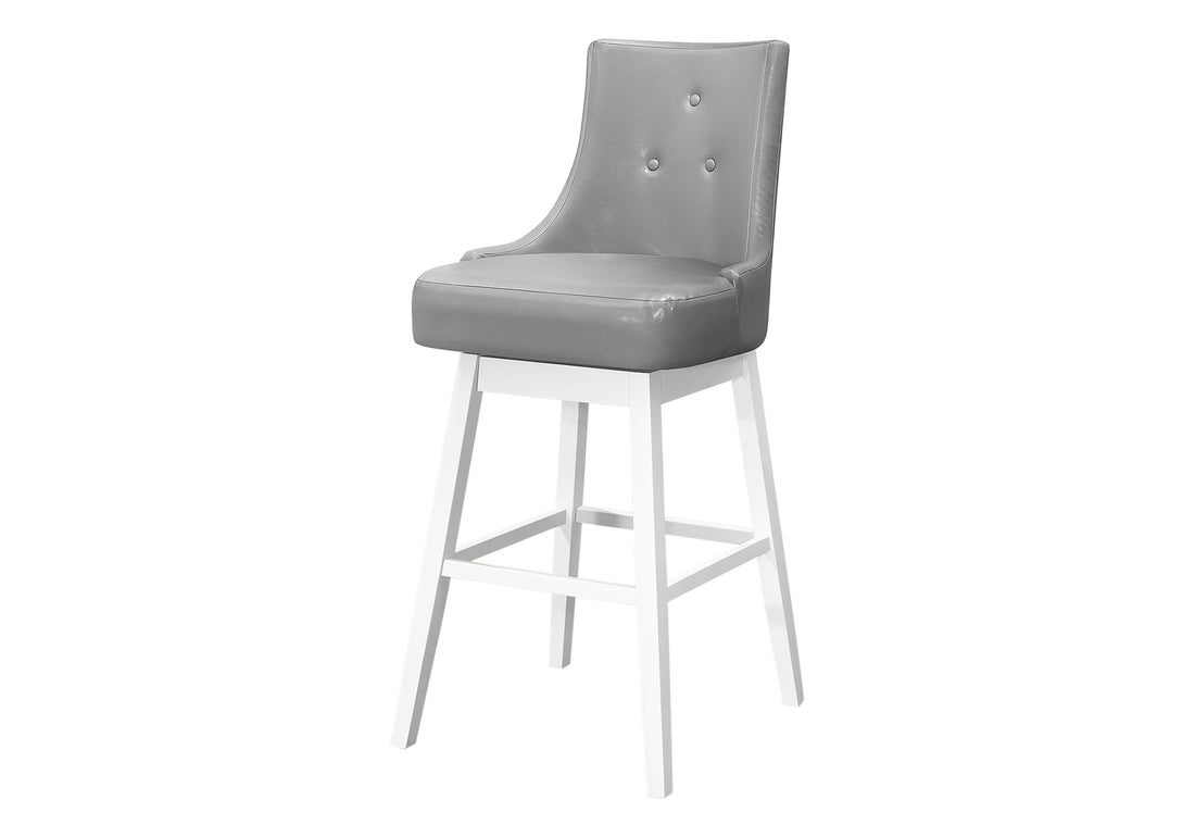 Bar Stool, Set Of 2, Swivel, Bar Height, White Wood, Grey Leather Look, Transitional Grey Foam Solid Wood