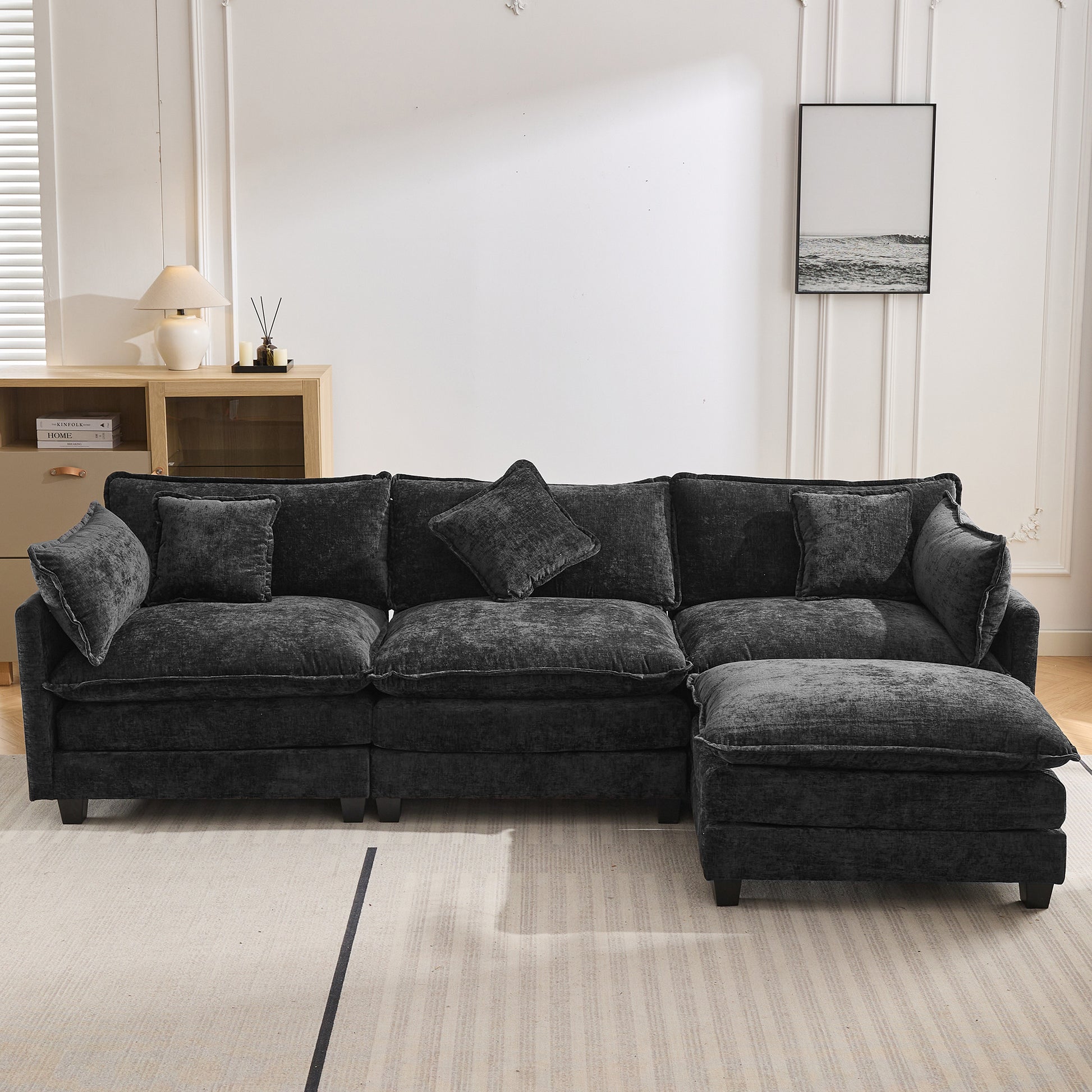 112.2" L Shape Chenille Upholstered Sofa For Living Room Modern Luxury Sofa Couch With Ottoman And 5 Pillows For Living Room Sg001160Aa , Black Black Foam 4 Seat