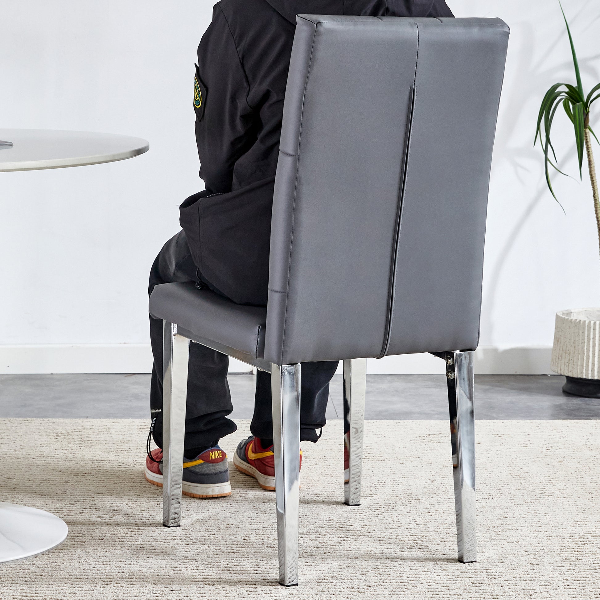 Table And Chair Set, Modern Dining Table, Tempered Glass Tabletop And Silver Colored Leg Table, Soft And Comfortable Dining Chair, Perfect For Dinner, Meetings, Home And Office Decor Gray Seats 4 Glass