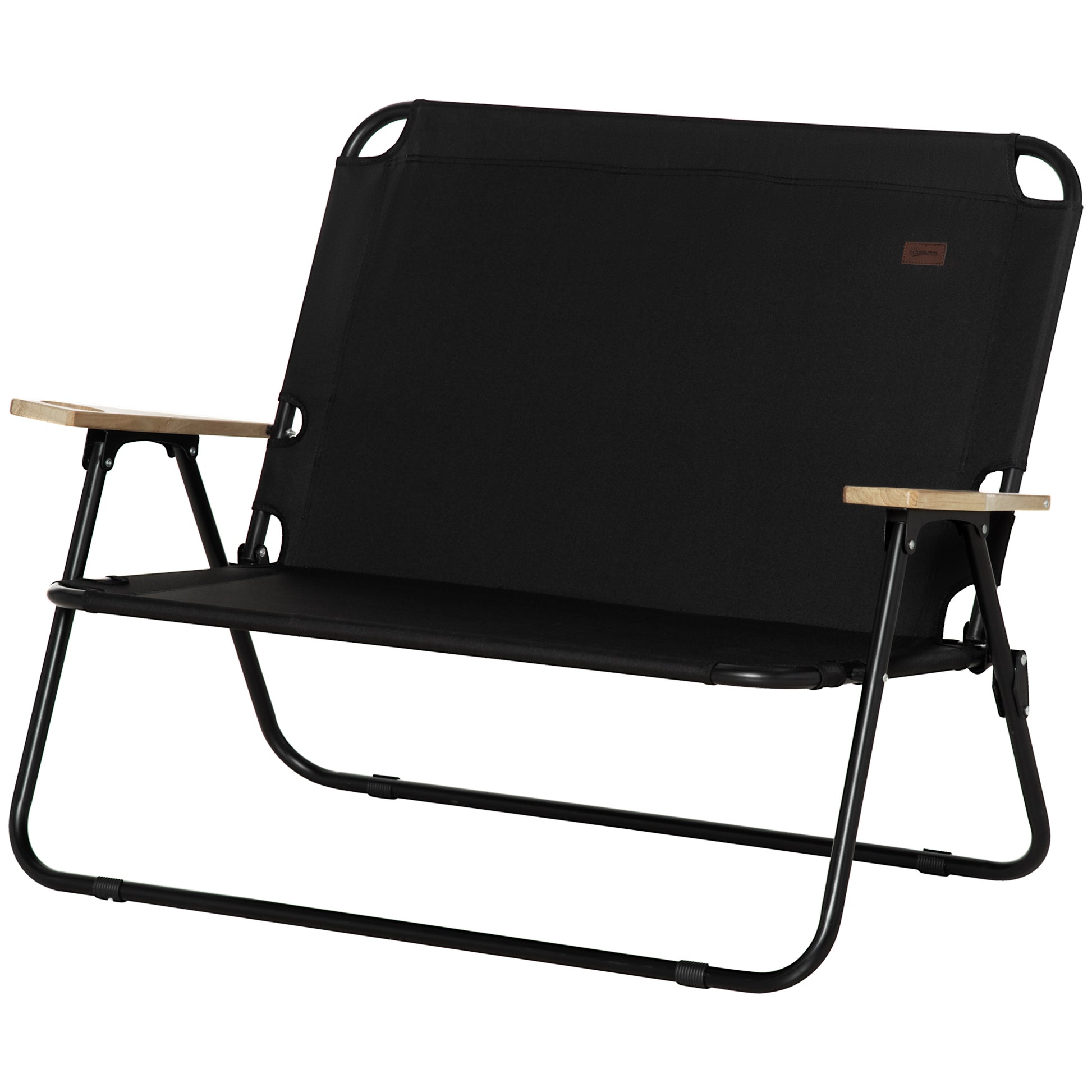 Outsunny Double Folding Camping Chair, Loveseat For 2 Adults, Portable Camping Couch With Wood Armrest & Cupholders, For Backpacking, Beach, Sports Travel, Black Black Steel