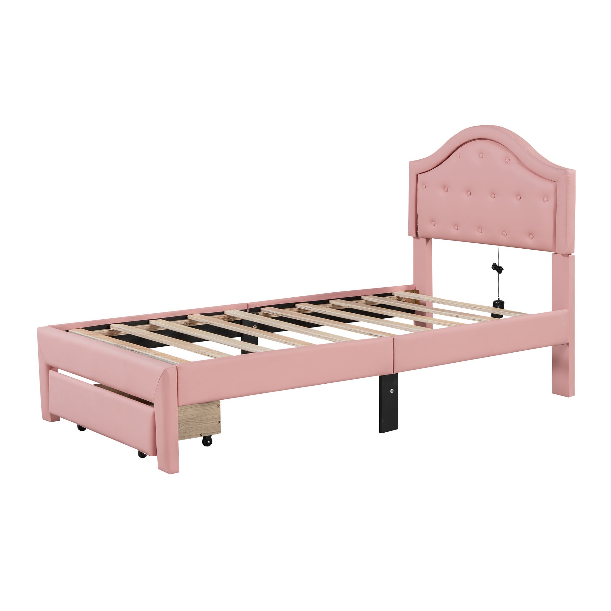 Twin Size Upholstered Platform Bed With Tufted Headboard, Led And A Drawer, Pink Box Spring Not Required Twin Pink Bedroom Faux Leather Upholstered