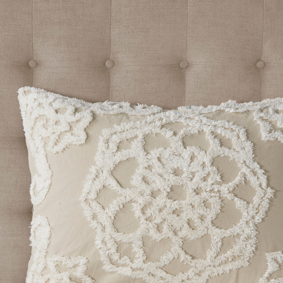 Tufted Cotton Chenille Medallion Fringe Coverlet Mini Set Taupe King Cal King King Taupe Cotton