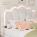 Full Size Upholstered Flower Shape Bed, Elegant Flowers Headboard With Led Light Strip, Sherpa Fabric Platform Bed With Wooden Slats Support, White Full White Wood