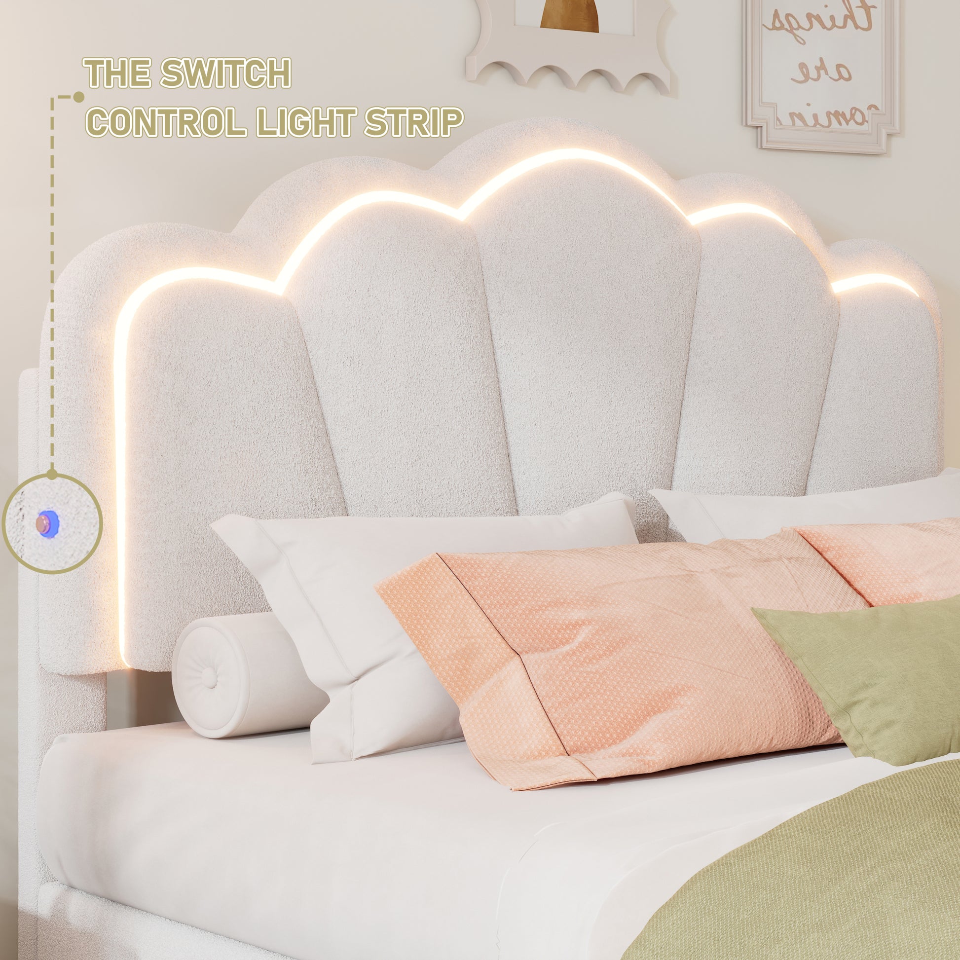Full Size Upholstered Flower Shape Bed, Elegant Flowers Headboard With Led Light Strip, Sherpa Fabric Platform Bed With Wooden Slats Support, White Full White Wood