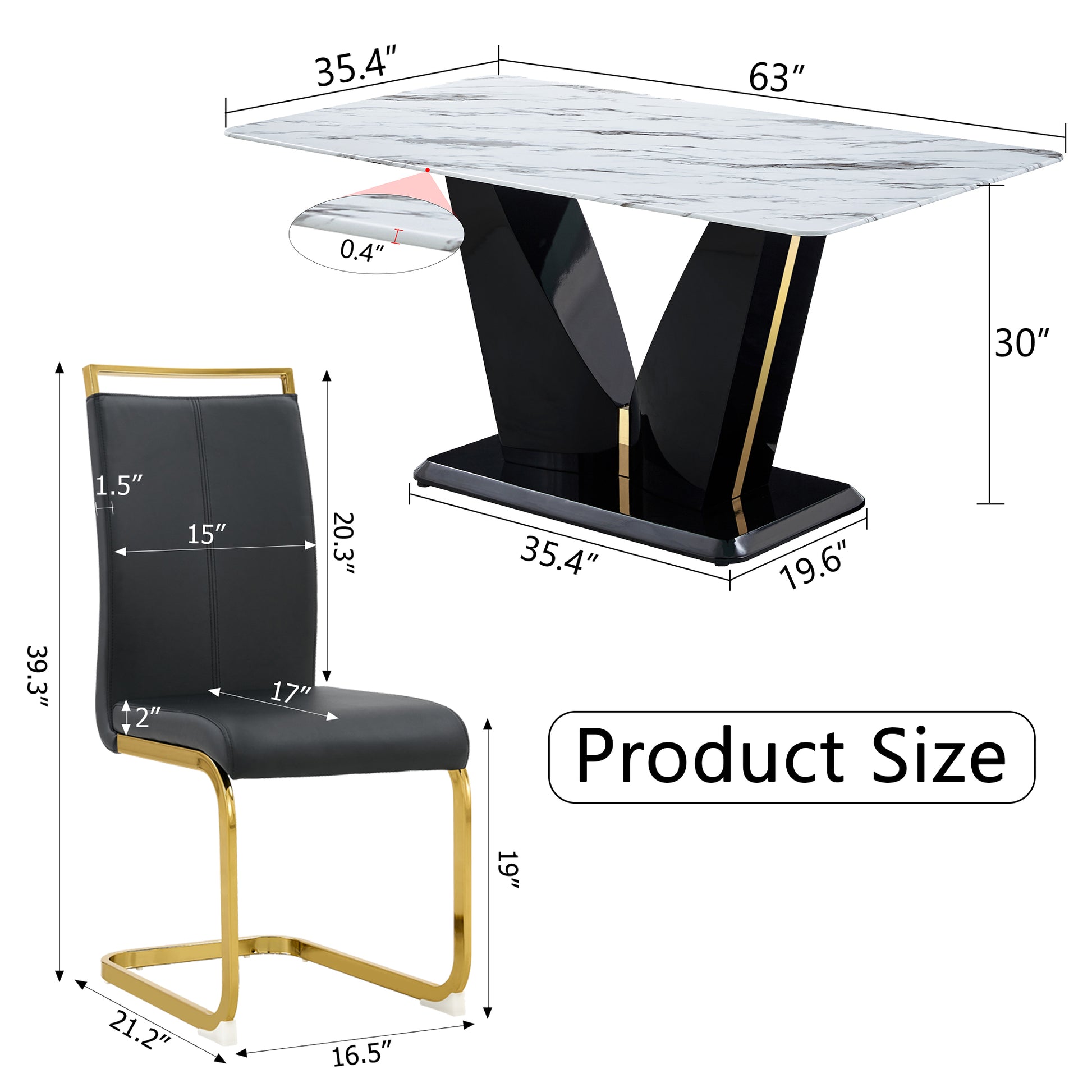 Table And Chair Set, White Imitation Marble Texture Glass Tabletop, Black Mdf Table Legs, Stable And Beautiful. Modern Simple Dining Table, Comfortable Seating. White Black Seats 4 Mdf Glass