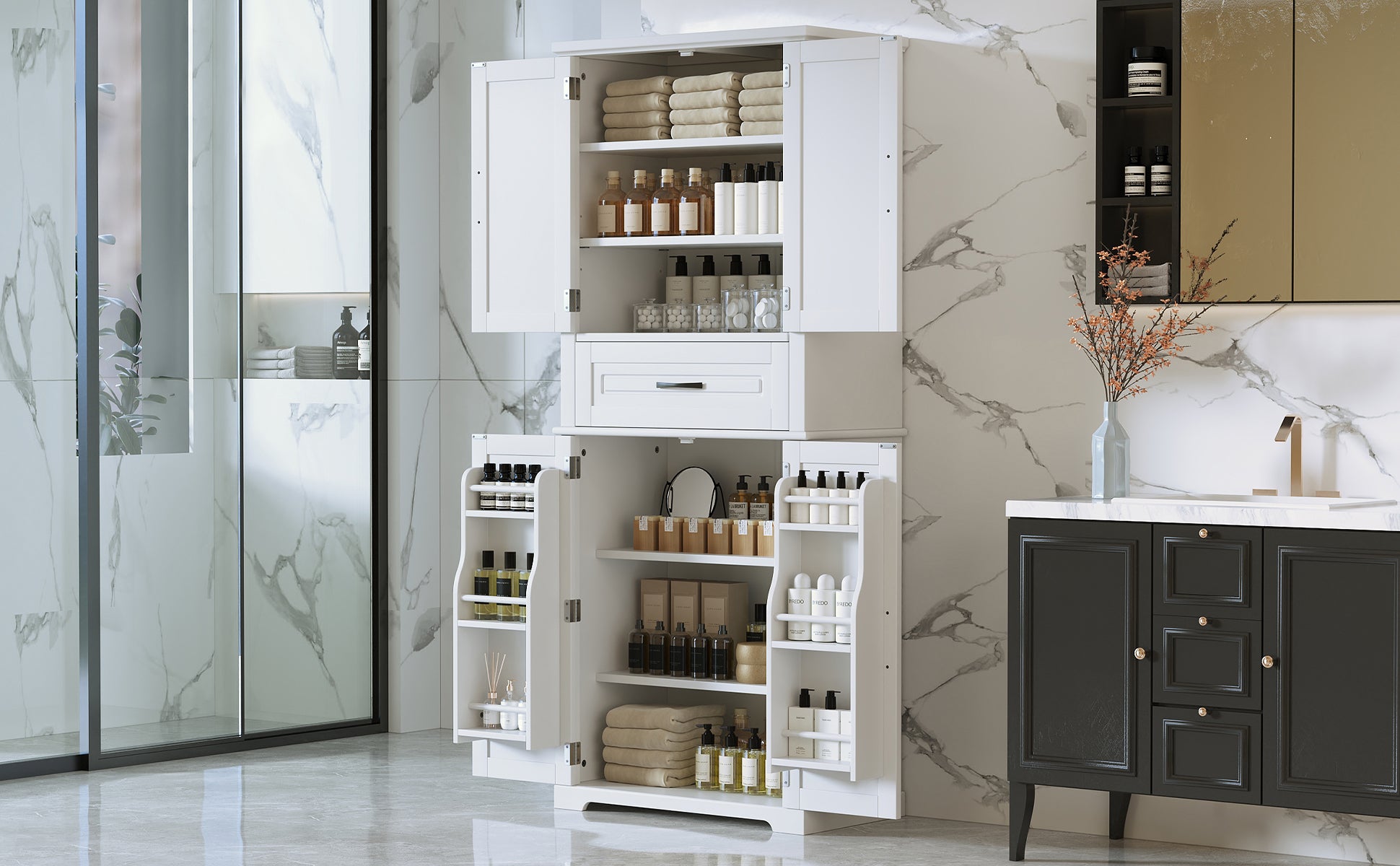 Bathroom Storage Cabinet With Multi Functional Storage Space, Drawer With Slide Rails, Adjustable Shelf, White White Mdf