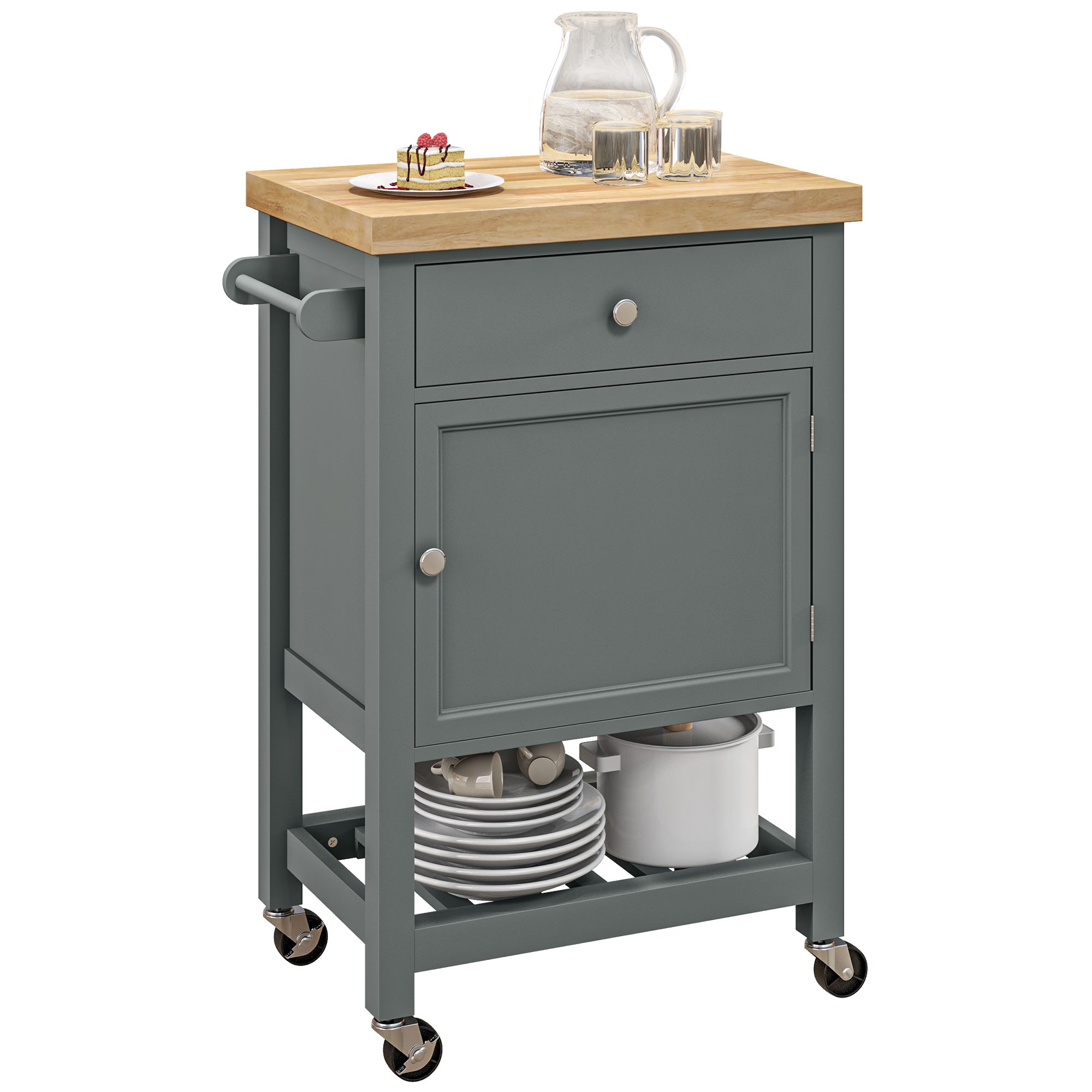 Homcom Utility Kitchen Cart, Rolling Kitchen Island With Smooth Rubberwood Top, Narrow Butcher Block Surface On Wheels With Storage Drawer & Cabinet, Gray Gray Engineered Wood